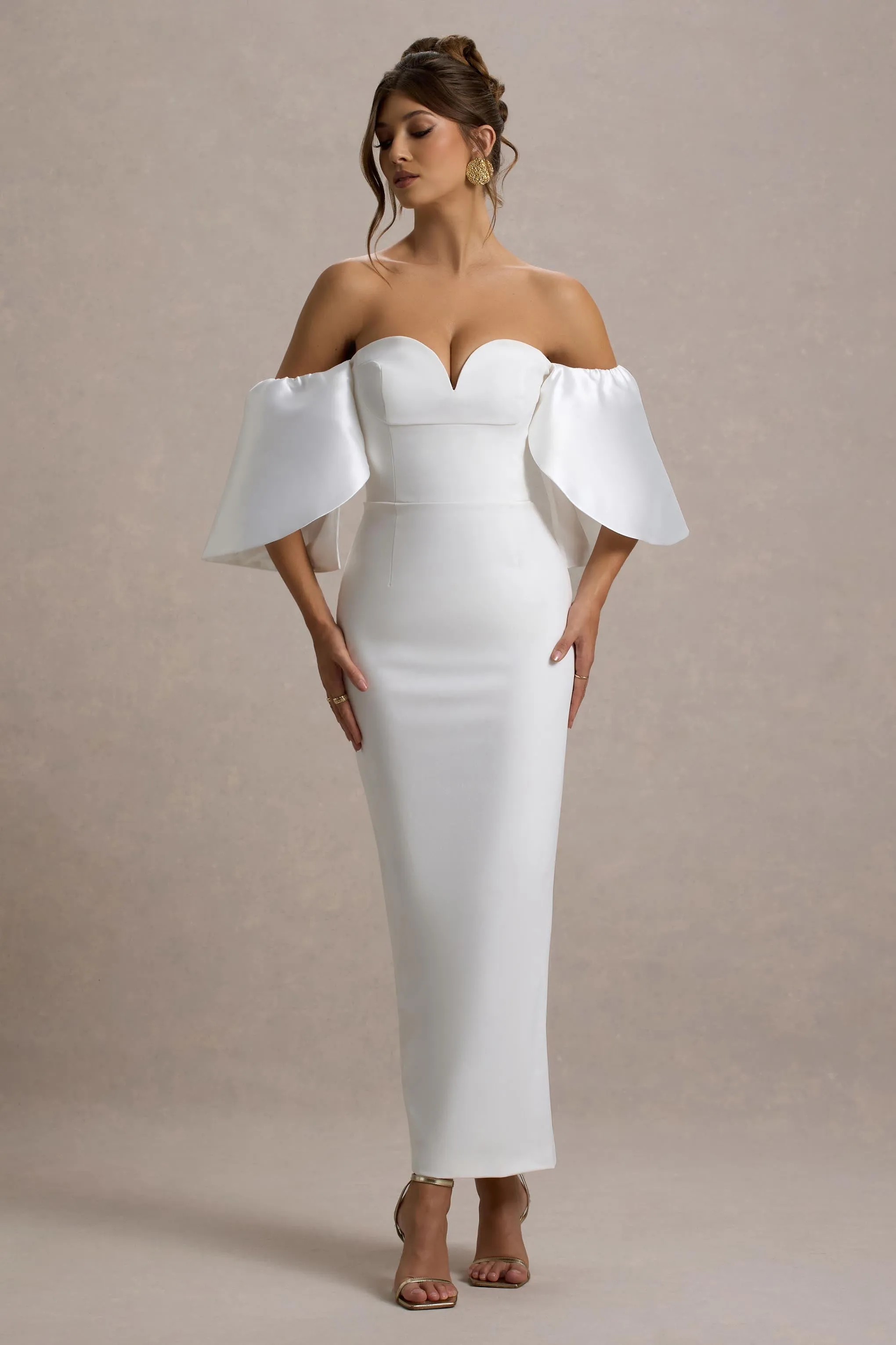 Dalani | White Corset Maxi Dress With Satin Puff Sleeves Club L London