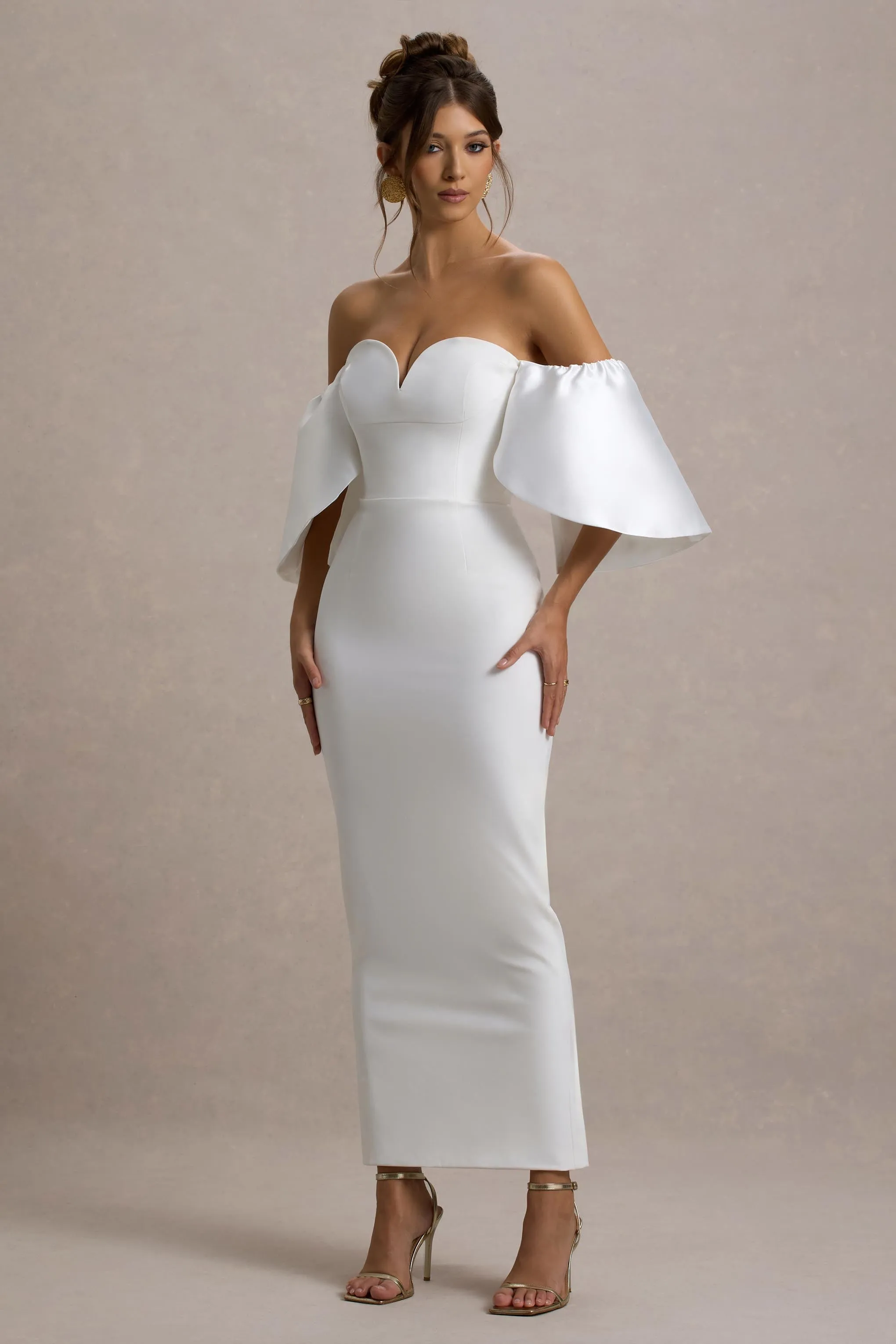 Dalani | White Corset Maxi Dress With Satin Puff Sleeves Club L London