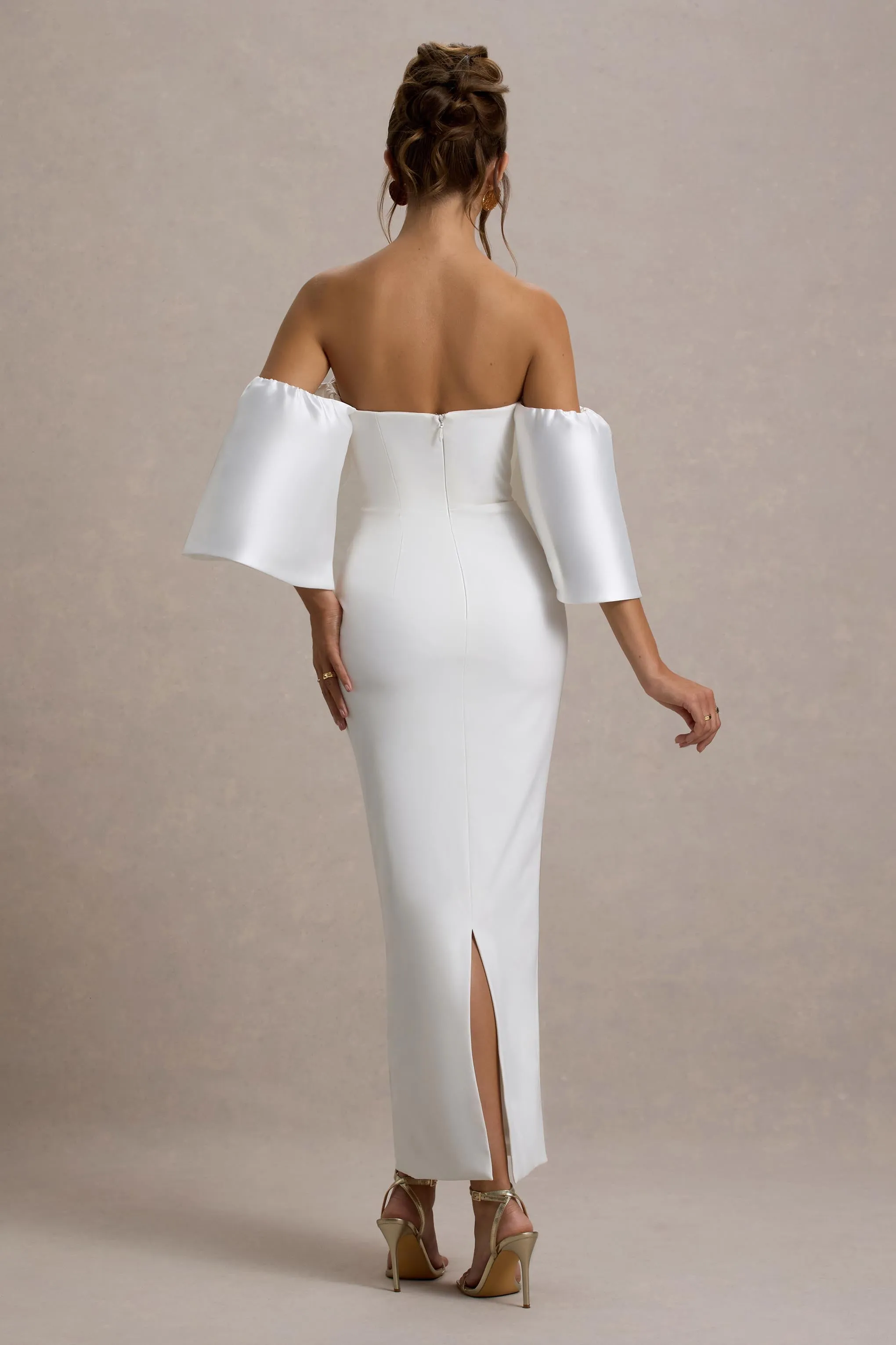 Dalani | White Corset Maxi Dress With Satin Puff Sleeves Club L London