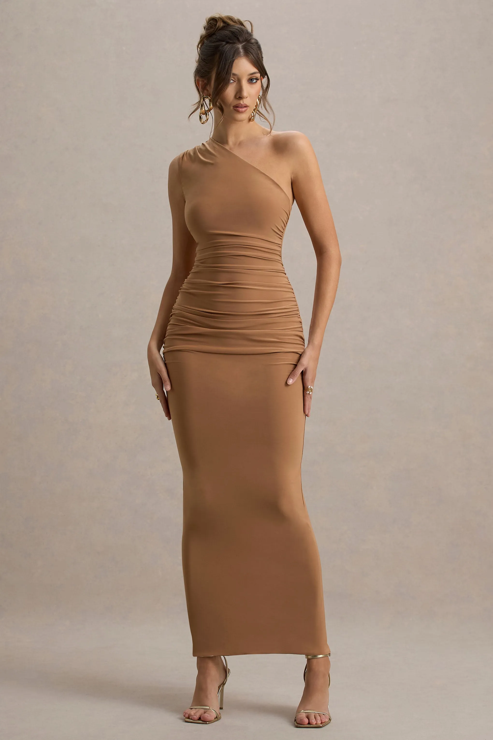 Dalarie | Brown One-Shoulder Gathered Maxi Dress Club L London