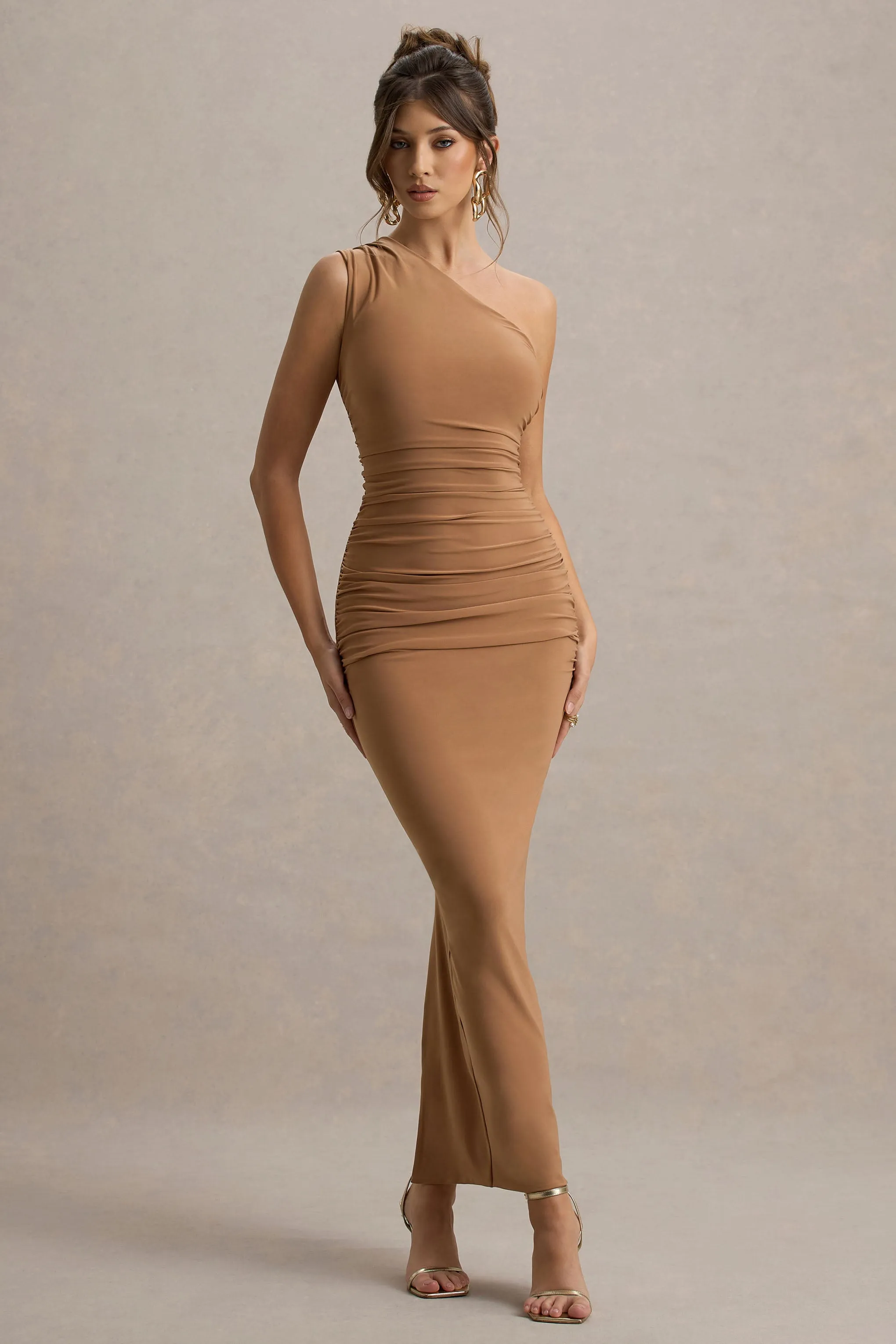 Dalarie | Brown One-Shoulder Gathered Maxi Dress Club L London
