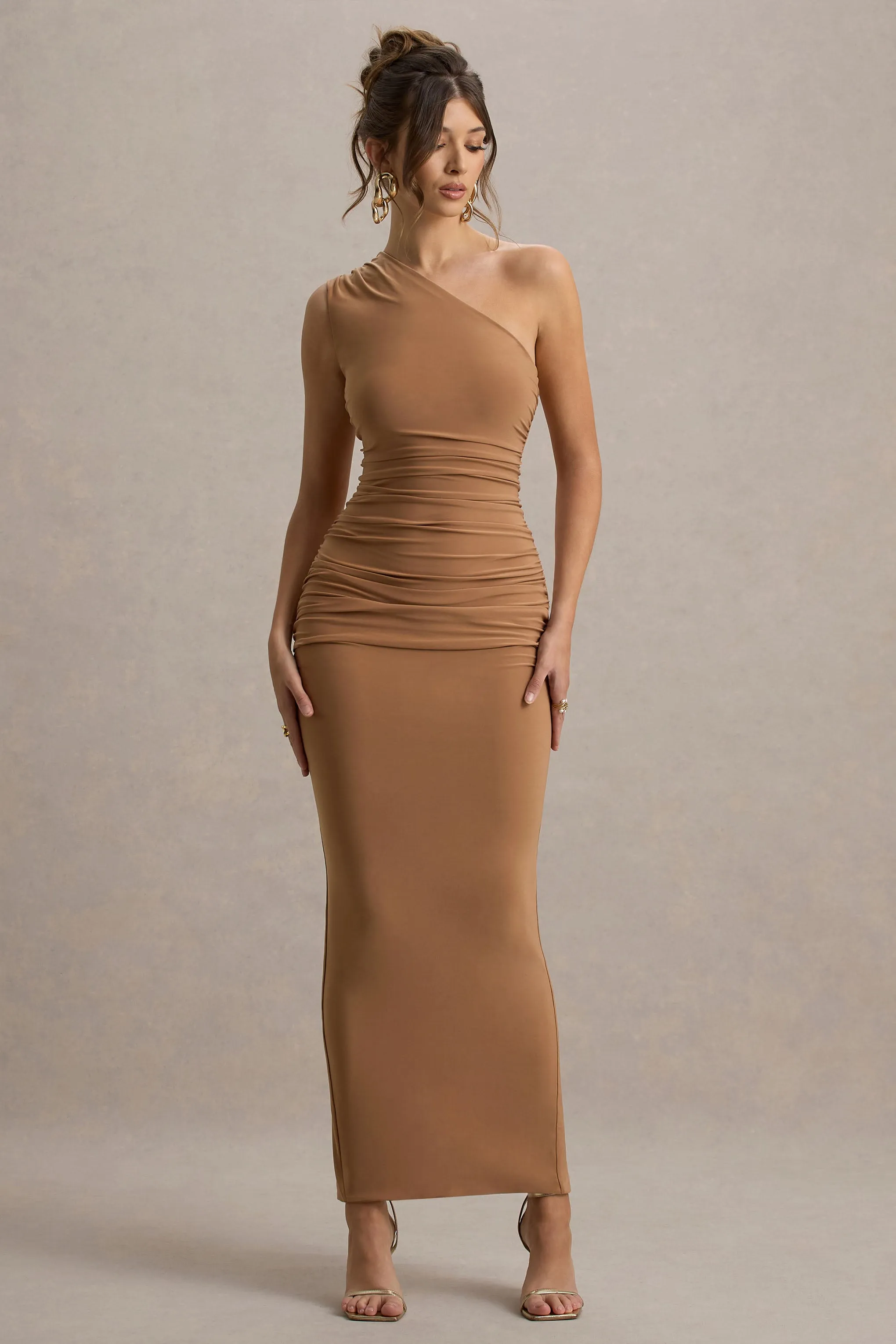 Dalarie | Brown One-Shoulder Gathered Maxi Dress Club L London