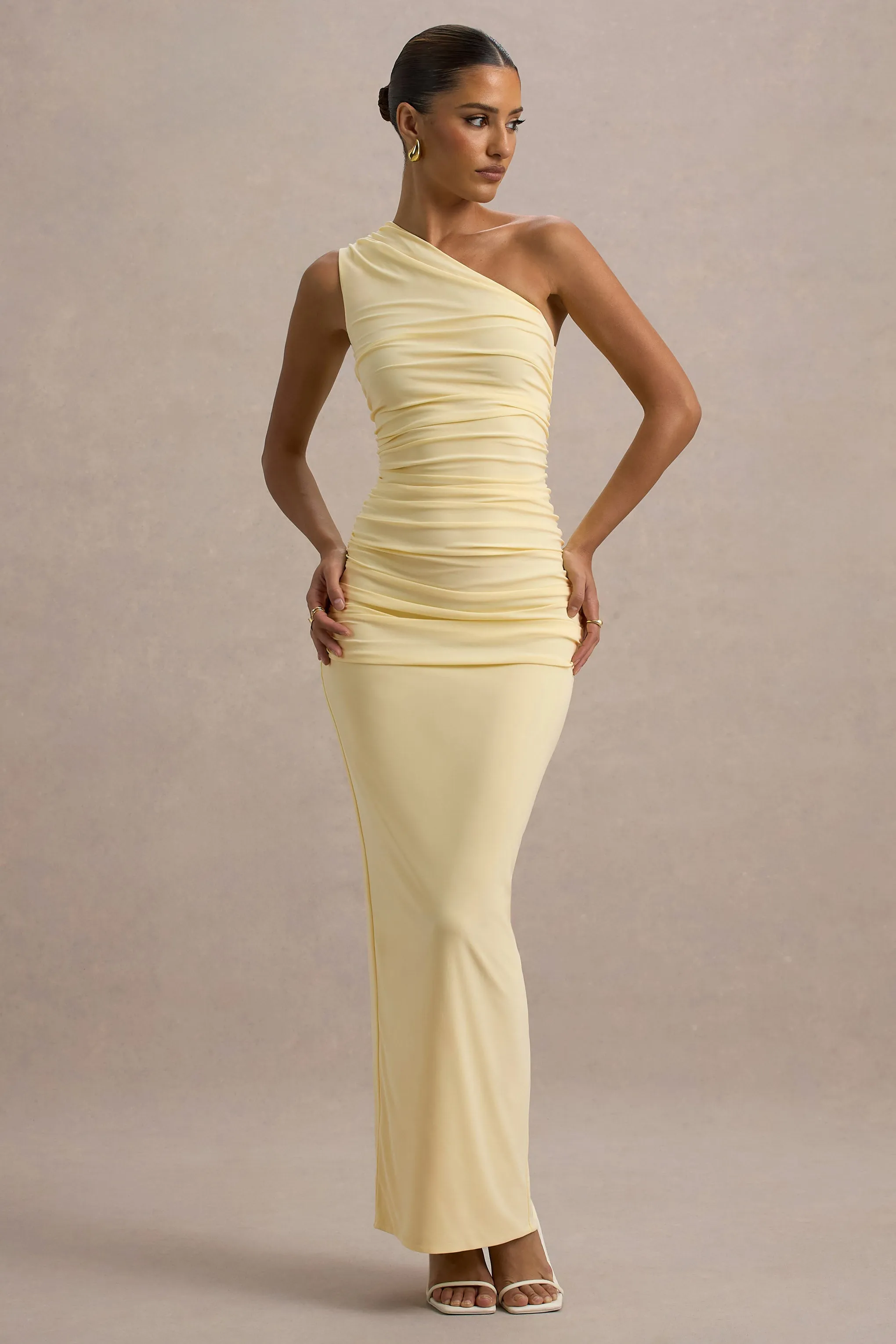 Dalarie | Pale Lemon One-Shoulder Gathered Maxi Dress Club L London