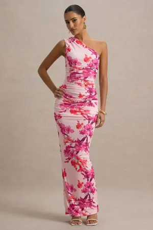Dalarie | Pink and Orange Floral Print One-Shoulder Gathered Maxi Dress Club L London