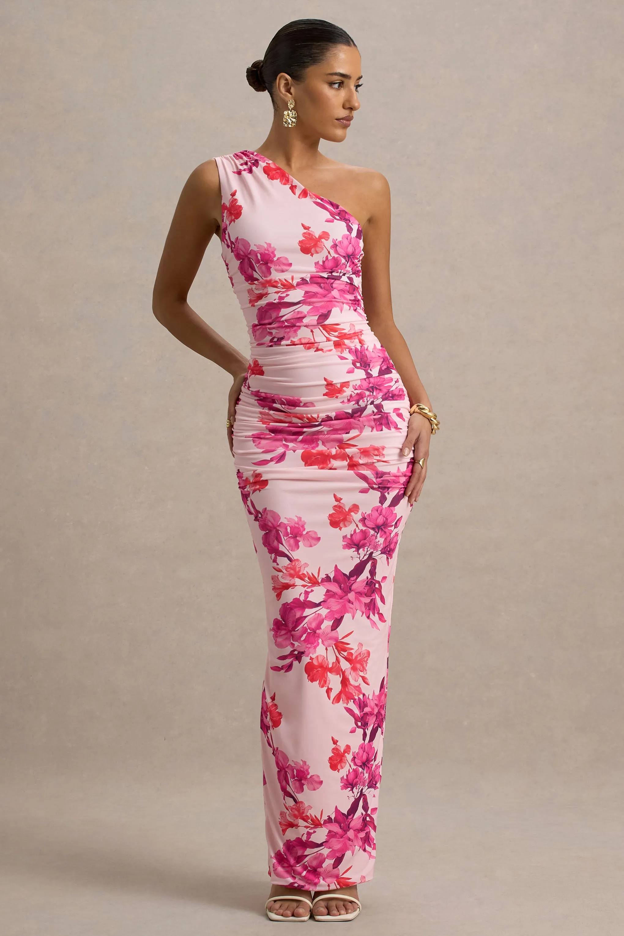 Dalarie | Pink and Orange Floral Print One-Shoulder Gathered Maxi Dress Club L London