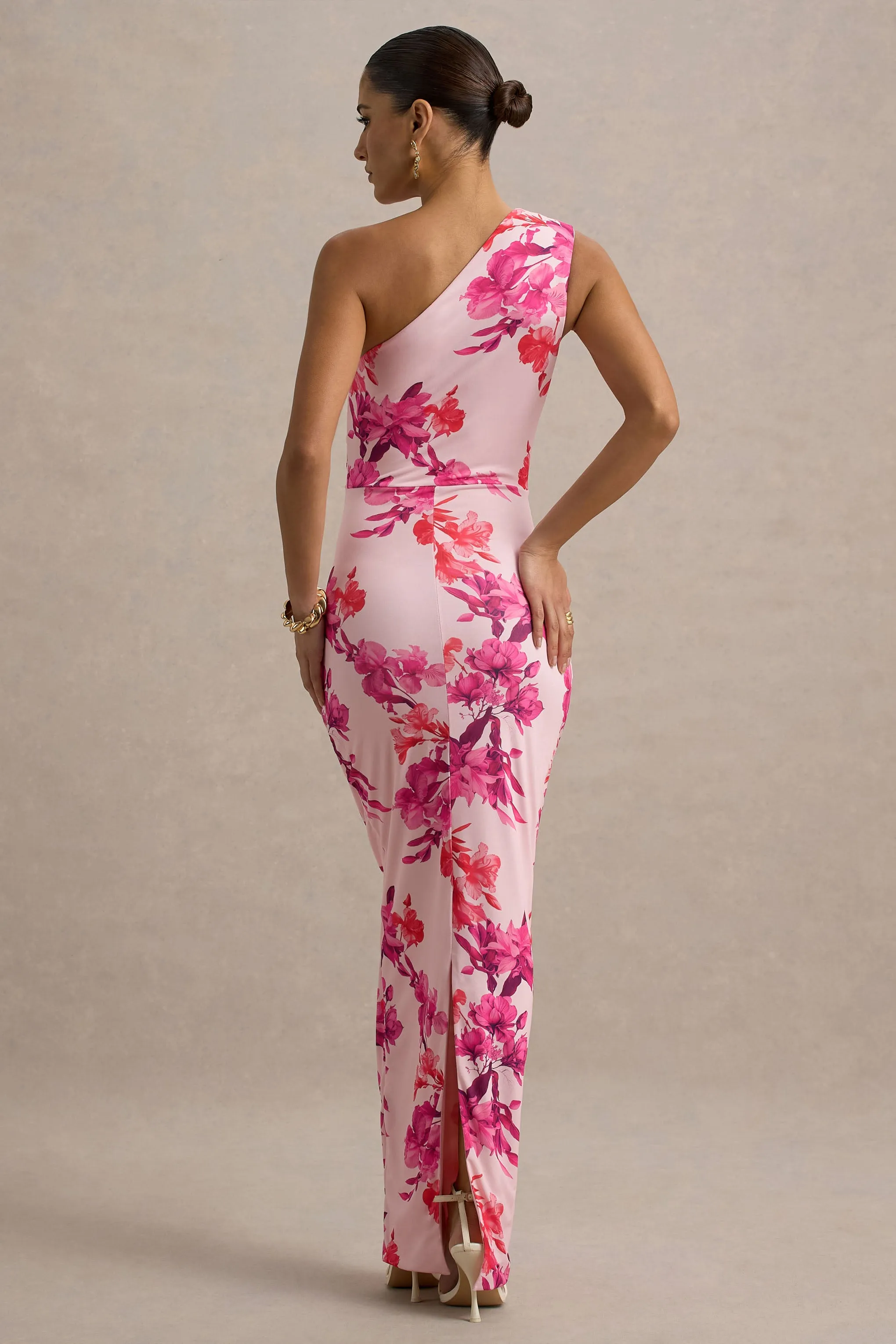 Dalarie | Pink and Orange Floral Print One-Shoulder Gathered Maxi Dress Club L London