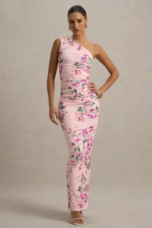 Dalarie | Pink Floral Print One-Shoulder Gathered Maxi Dress Club L London