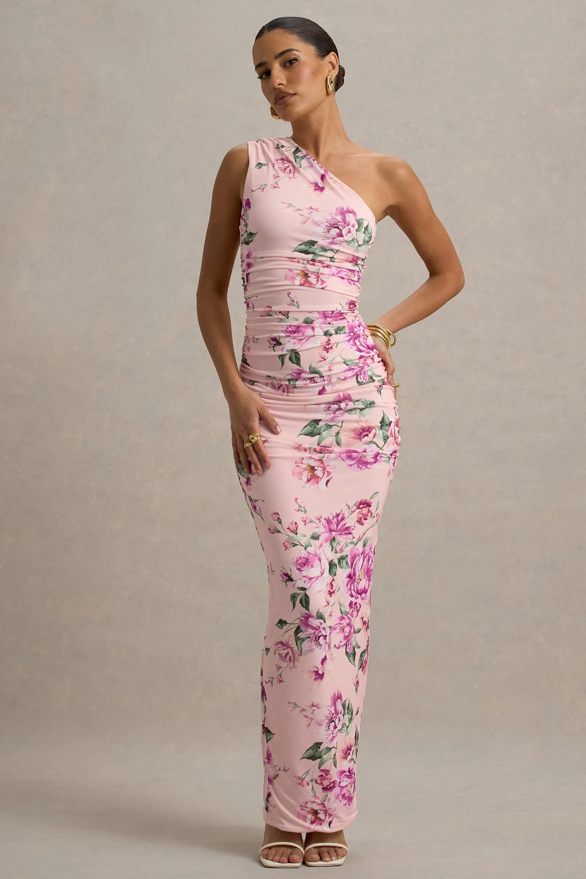 Dalarie | Pink Floral Print One-Shoulder Gathered Maxi Dress Club L London