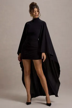 Damia | Black High-Neck Mini Dress With Asymmetric Cape Club L London