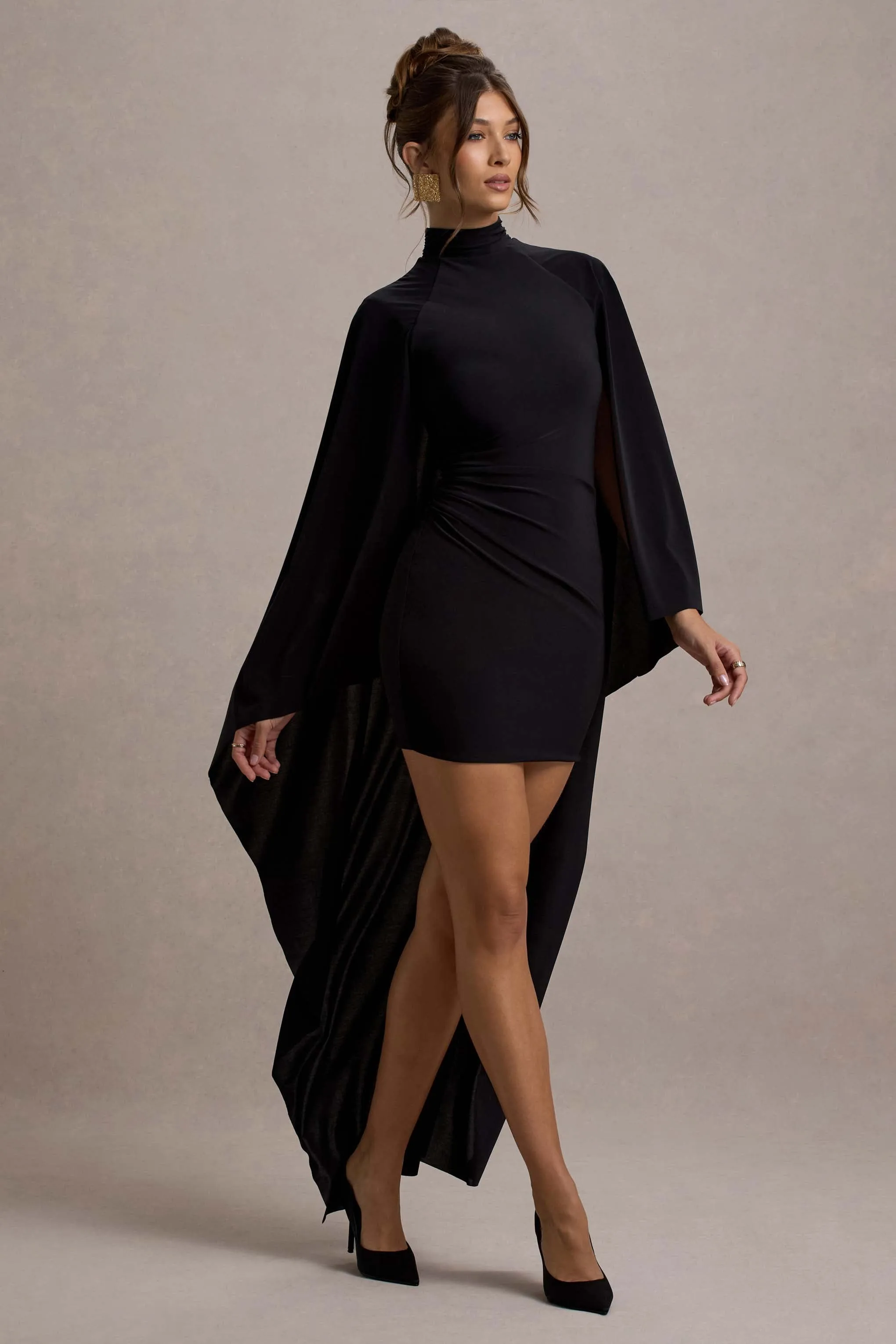Damia | Black High-Neck Mini Dress With Asymmetric Cape Club L London