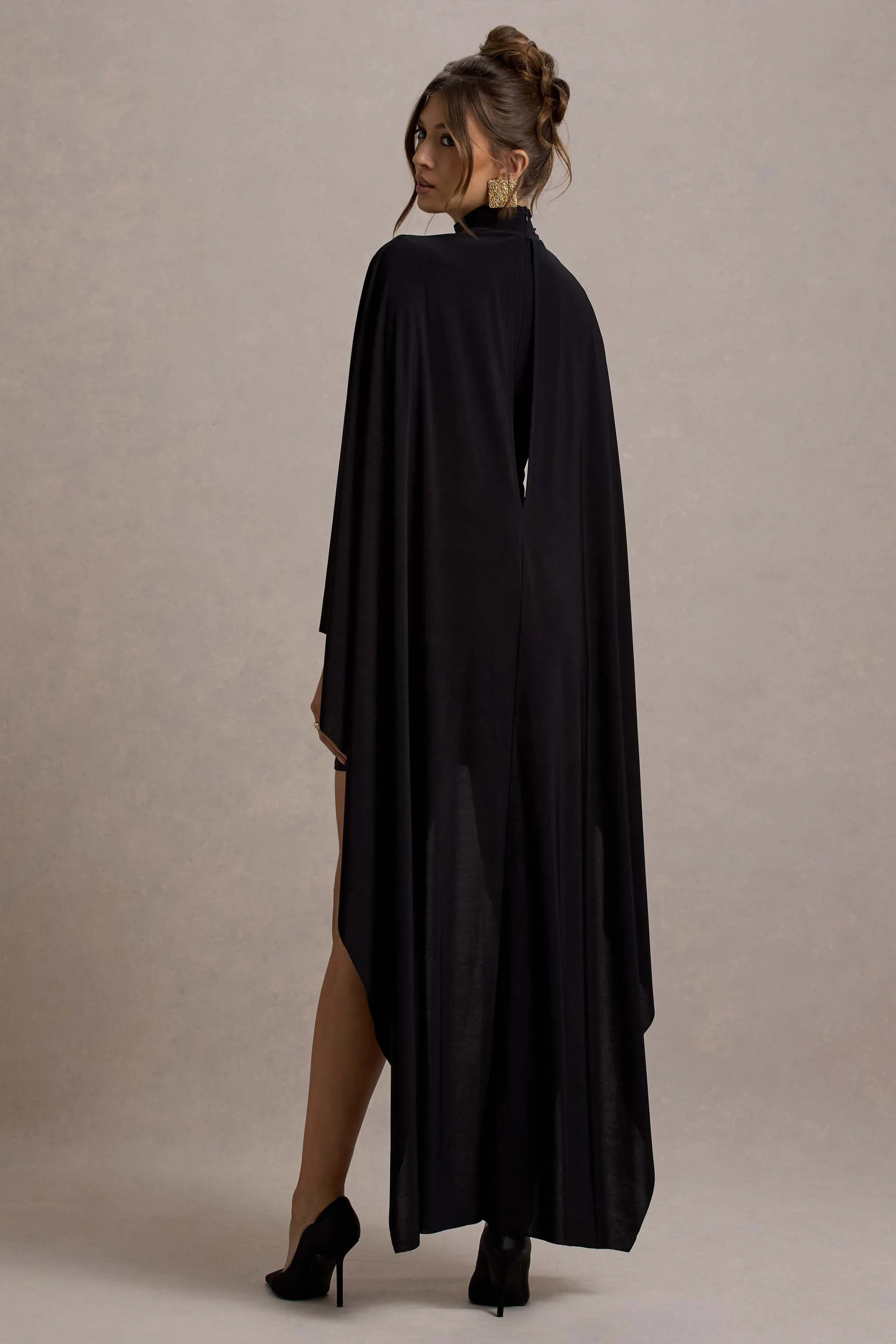 Damia | Black High-Neck Mini Dress With Asymmetric Cape Club L London