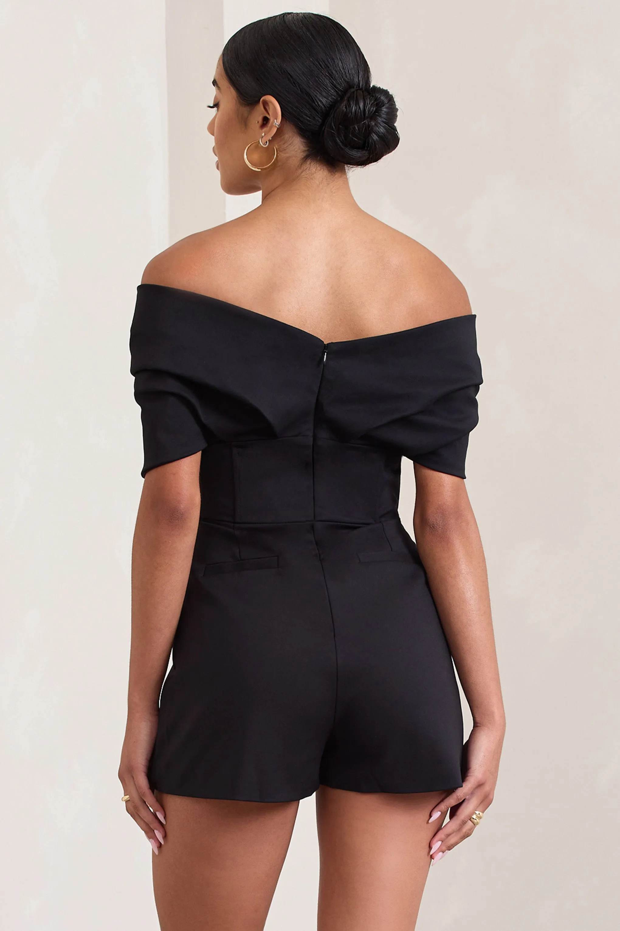 Damsel | Black Cotton-Blend Corset Bardot Playsuit Club L London