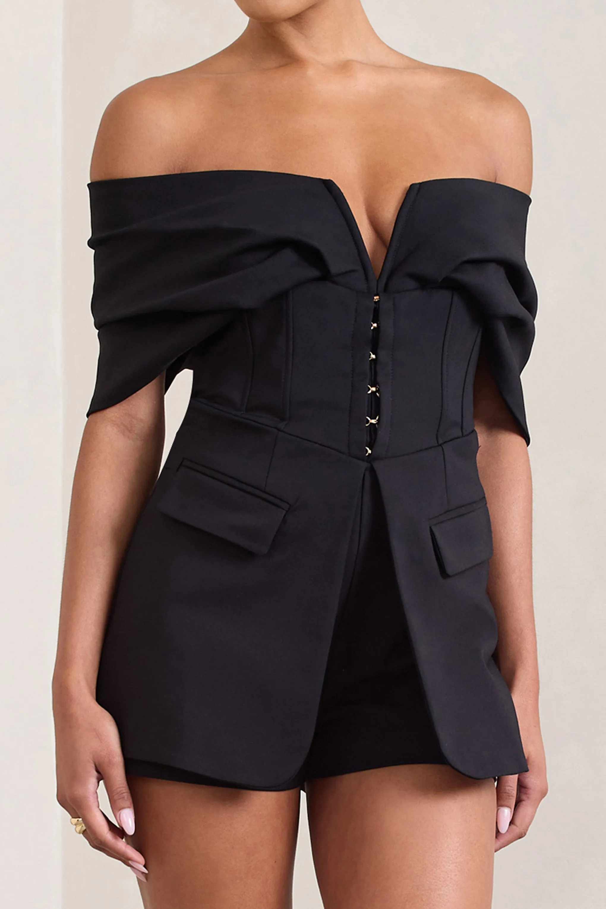 Damsel | Black Cotton-Blend Corset Bardot Playsuit Club L London