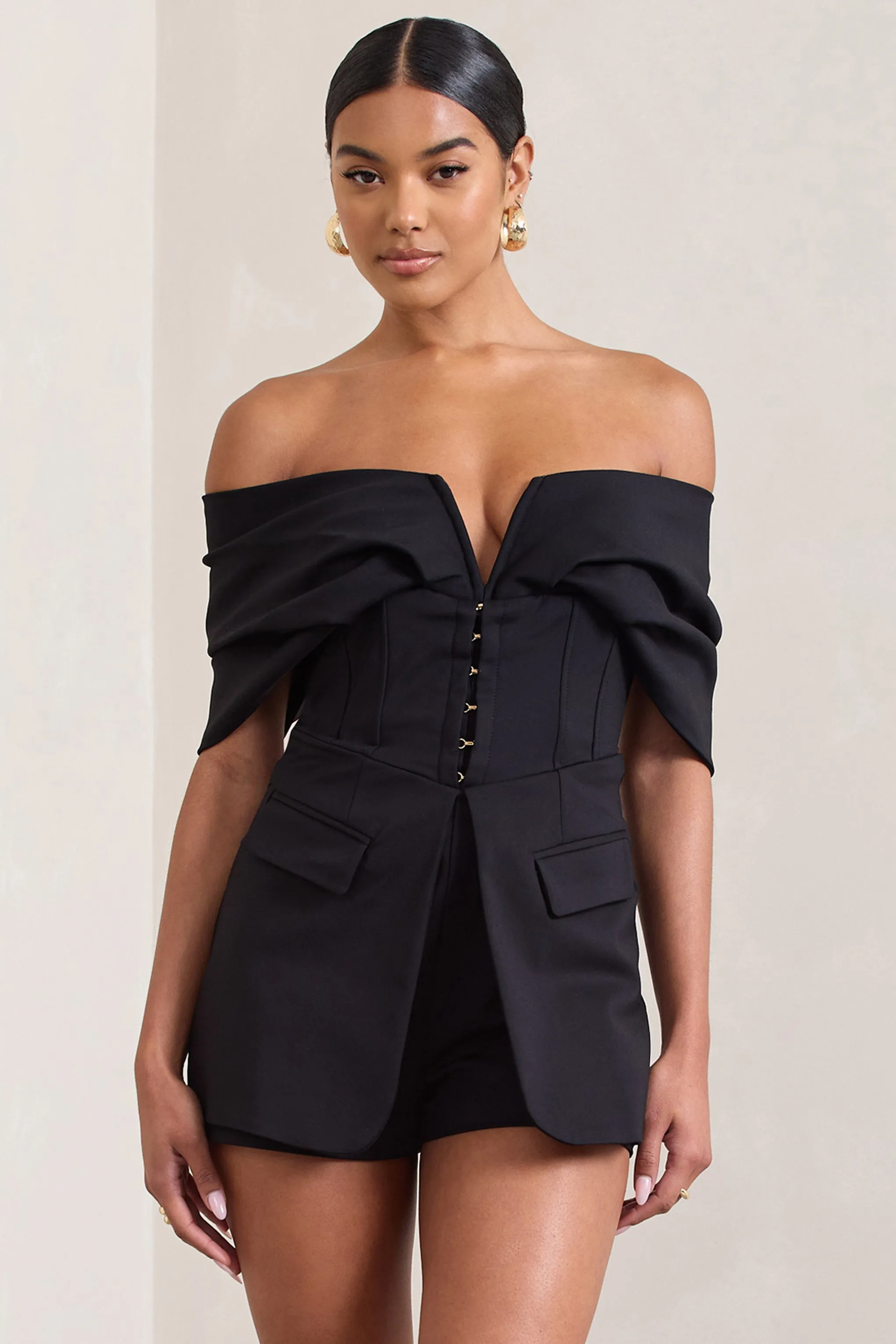 Damsel | Black Cotton-Blend Corset Bardot Playsuit Club L London