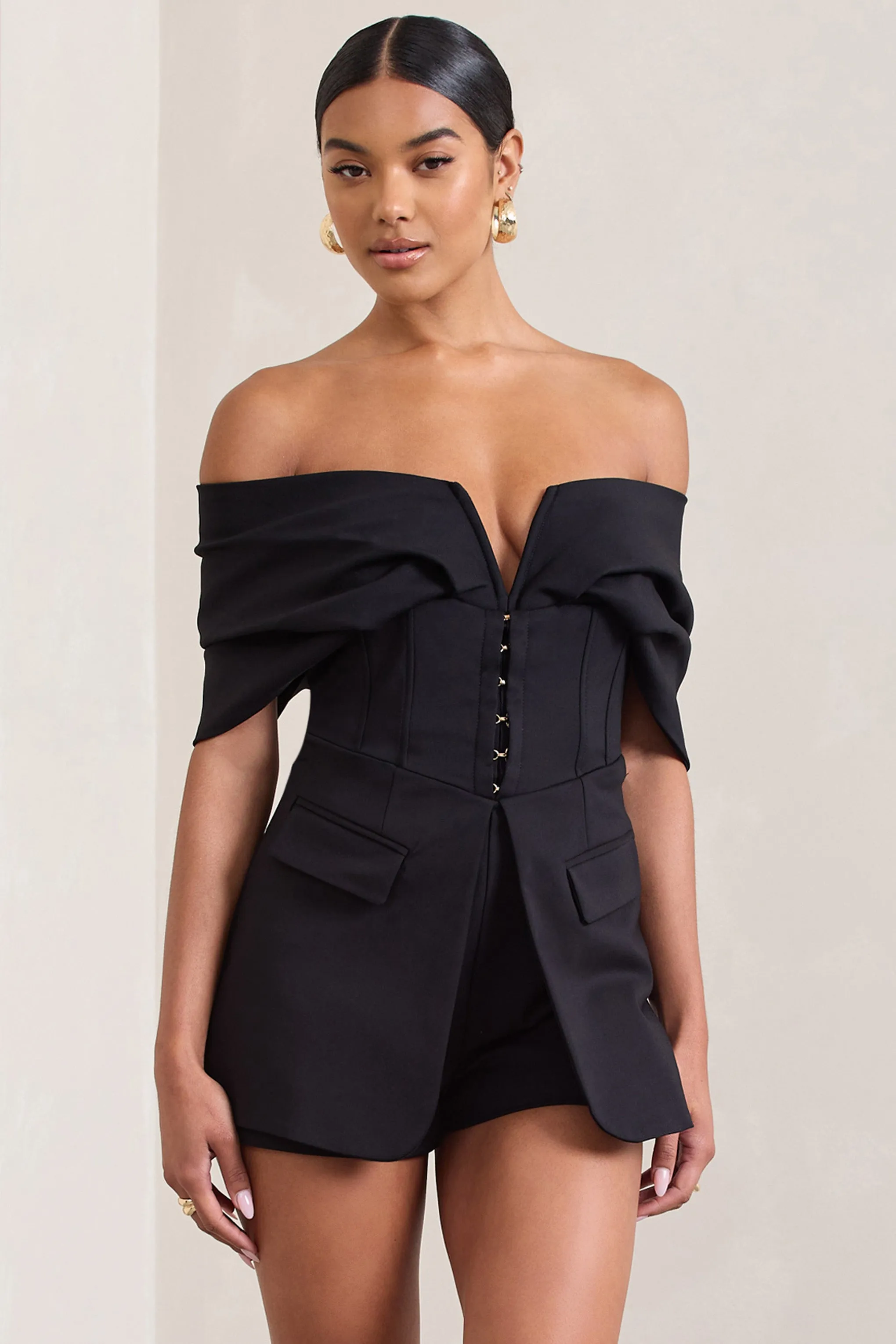 Damsel | Black Cotton-Blend Corset Bardot Playsuit Club L London