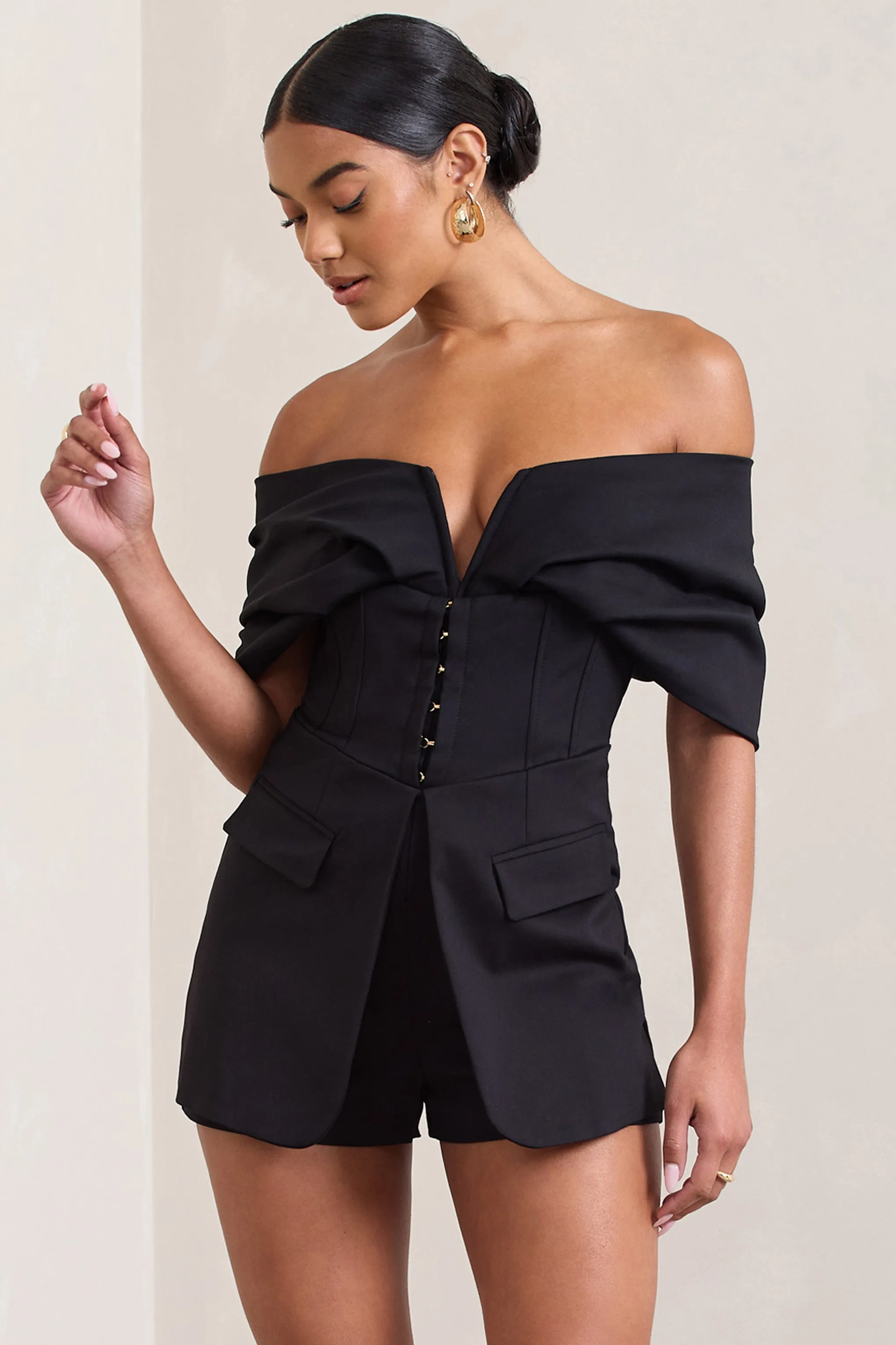 Damsel | Black Cotton-Blend Corset Bardot Playsuit Club L London