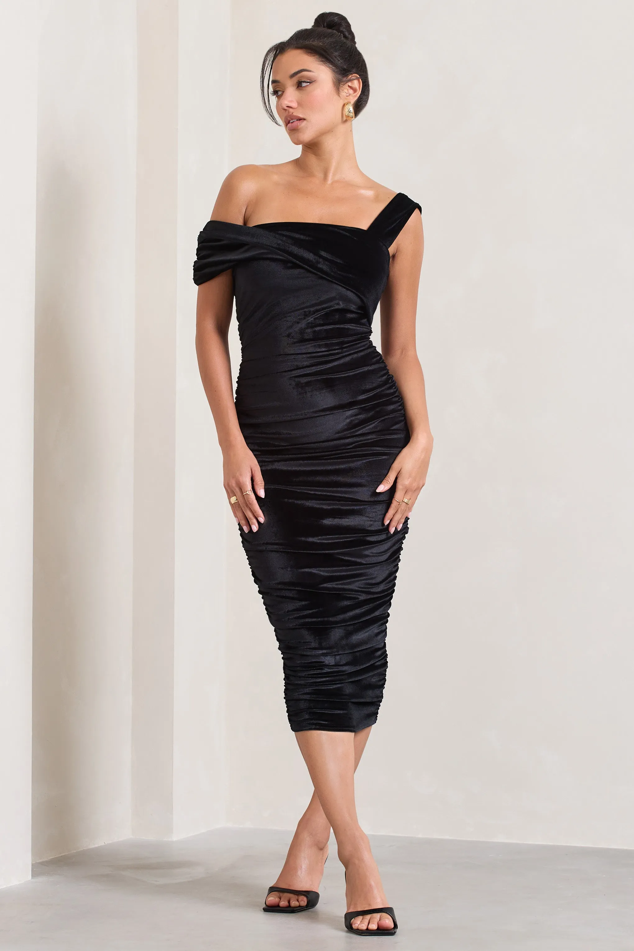Daniela | Black Velvet One Shoulder Ruched Midi Dress Club L London