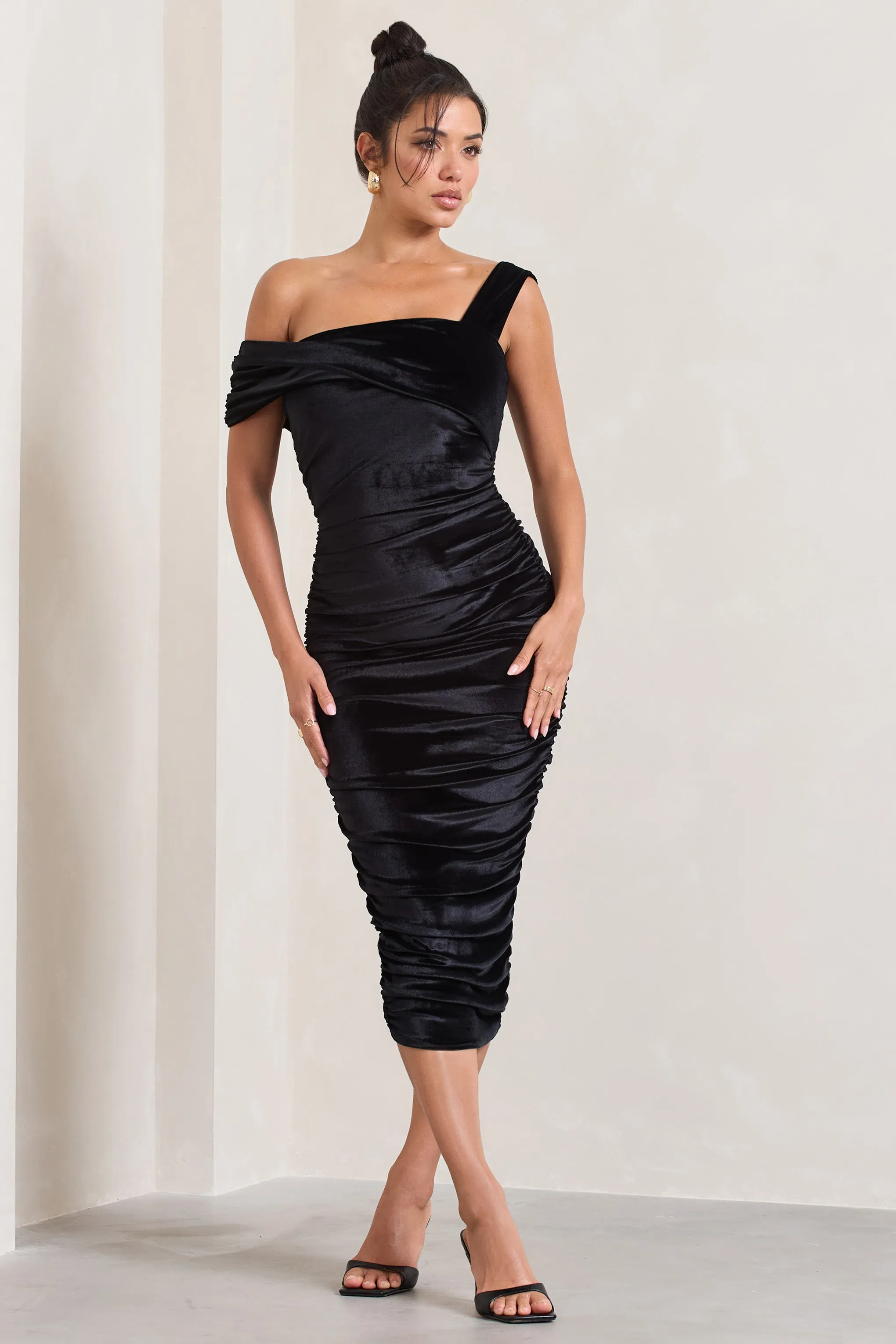 Daniela | Black Velvet One Shoulder Ruched Midi Dress Club L London