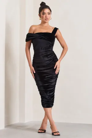 Daniela | Black Velvet One Shoulder Ruched Midi Dress Club L London