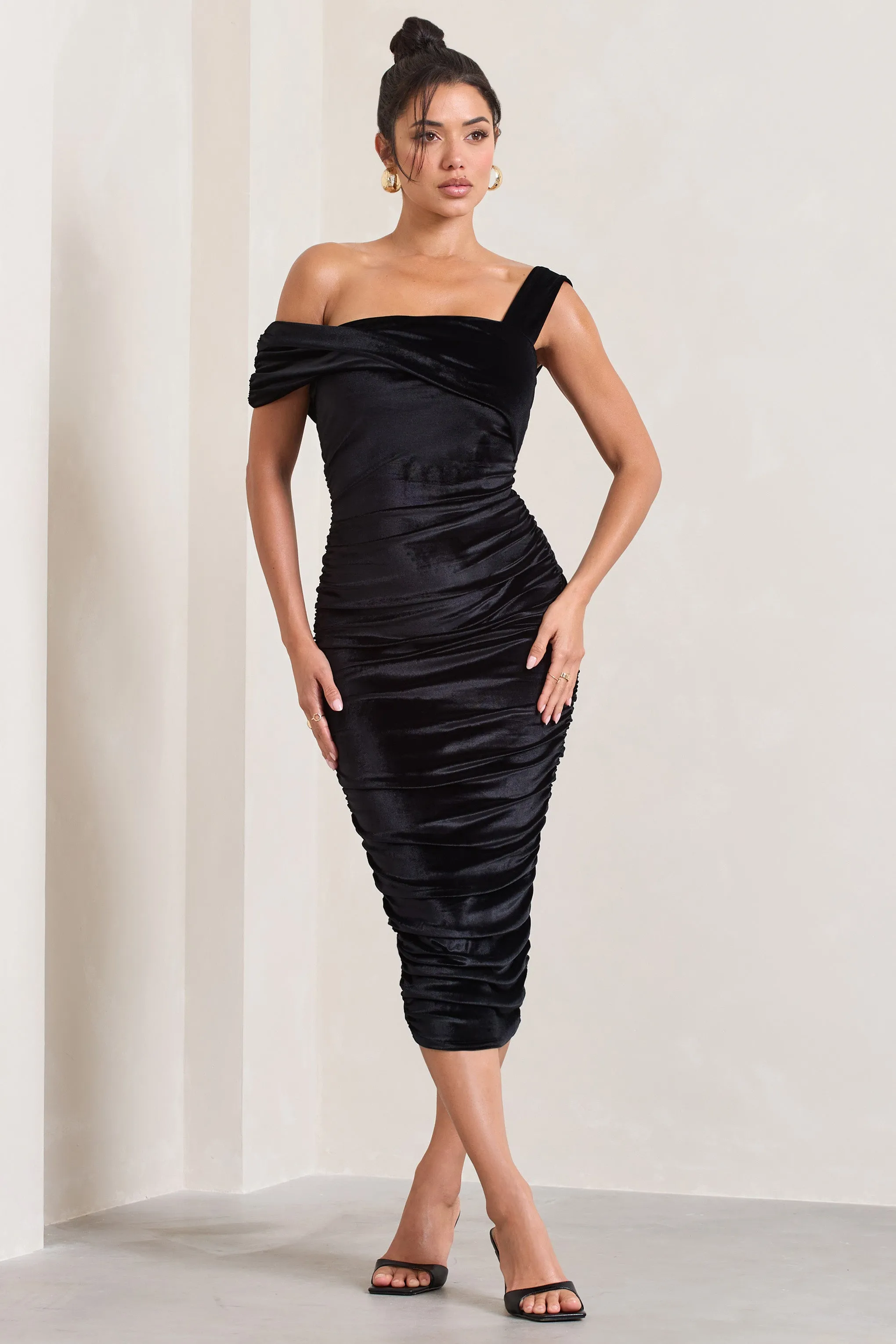 Daniela | Black Velvet One Shoulder Ruched Midi Dress Club L London