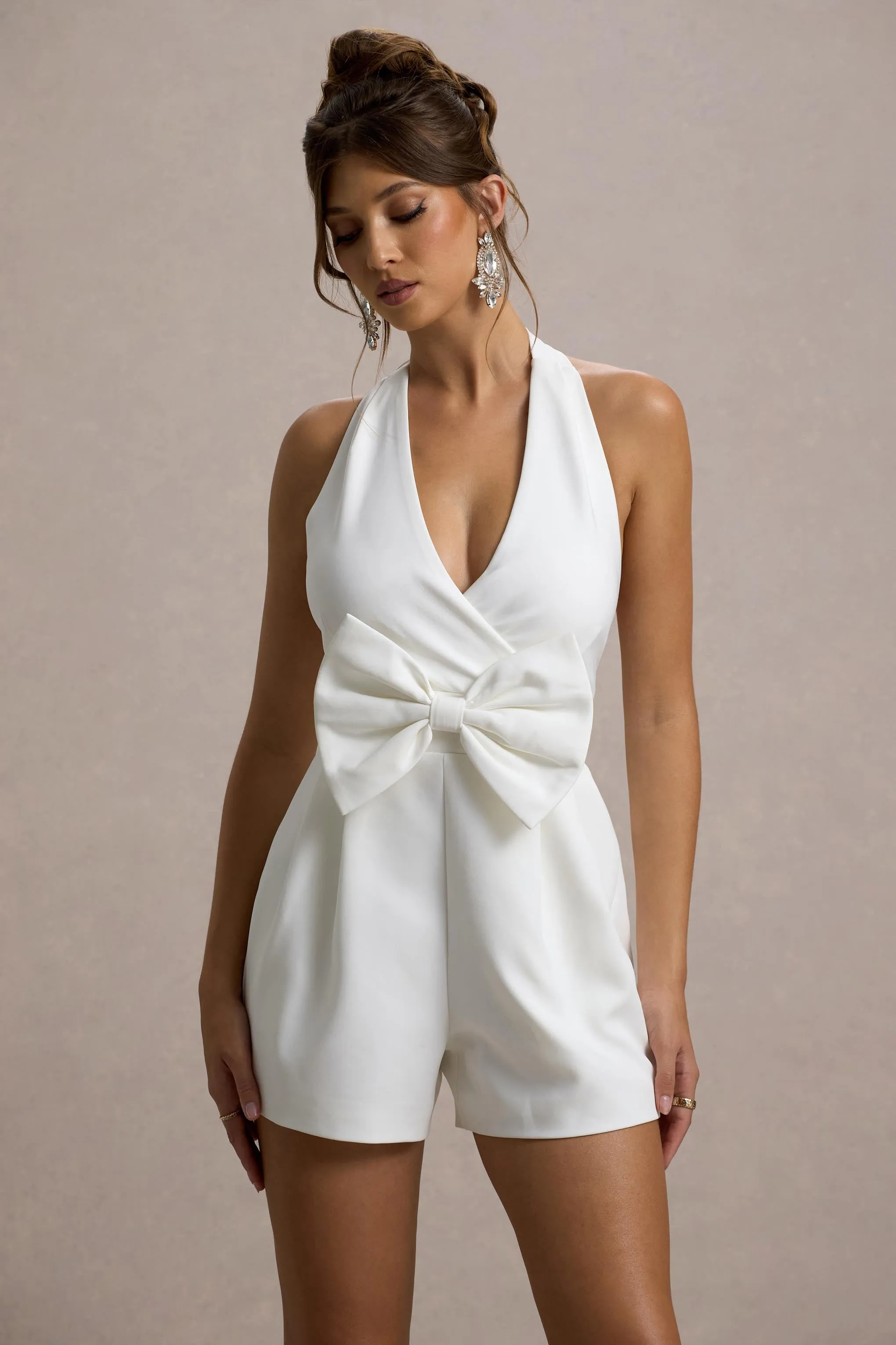 Darla | White Plunge Neck Playsuit With Bow Club L London