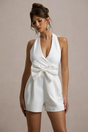 Darla | White Plunge Neck Playsuit With Bow Club L London
