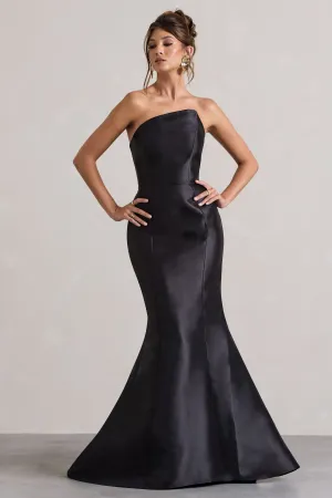 Define | Black Satin Asymmetric Fishtail Maxi Dress Club L London
