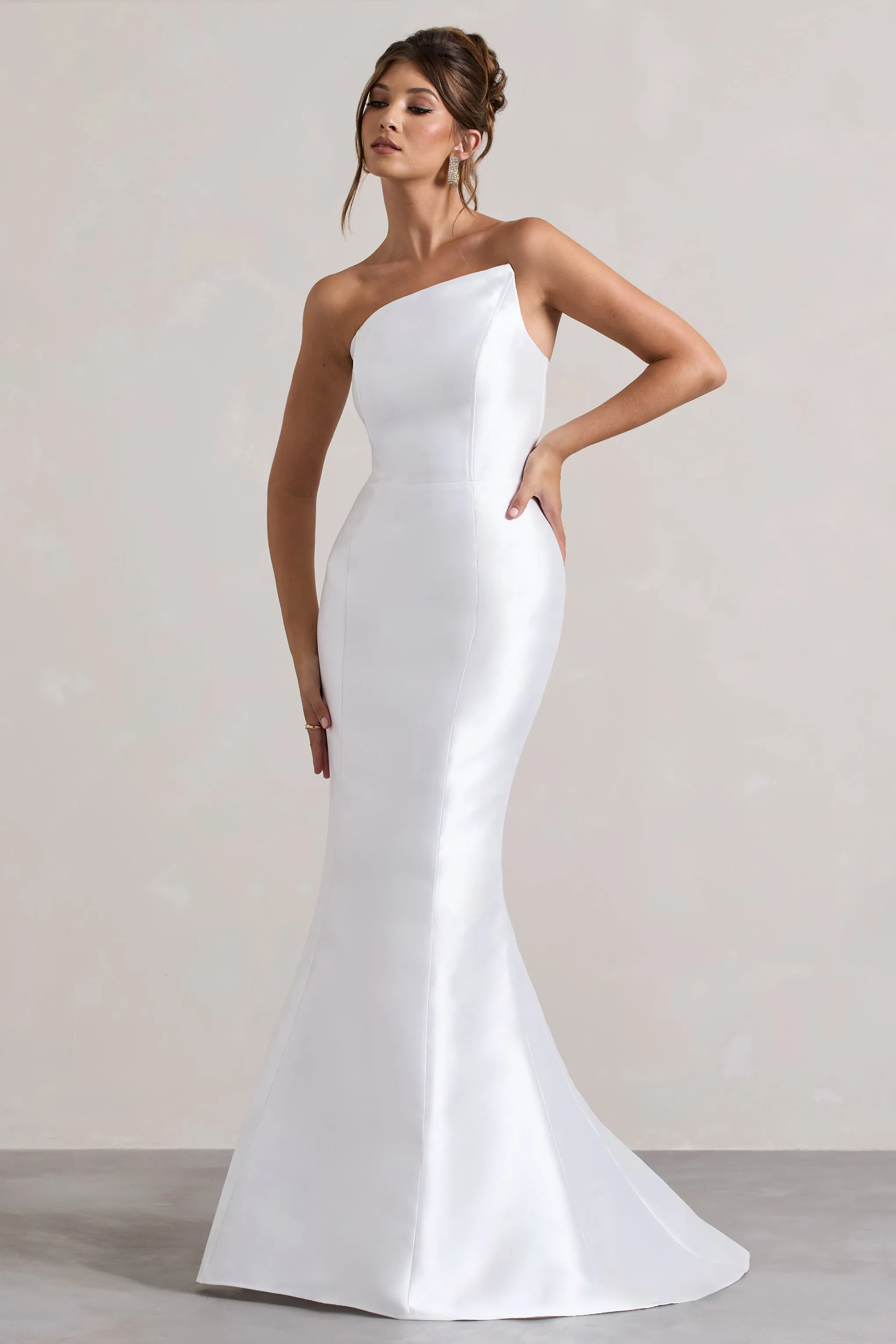 Define | White Satin Asymmetric Fishtail Maxi Dress Club L London