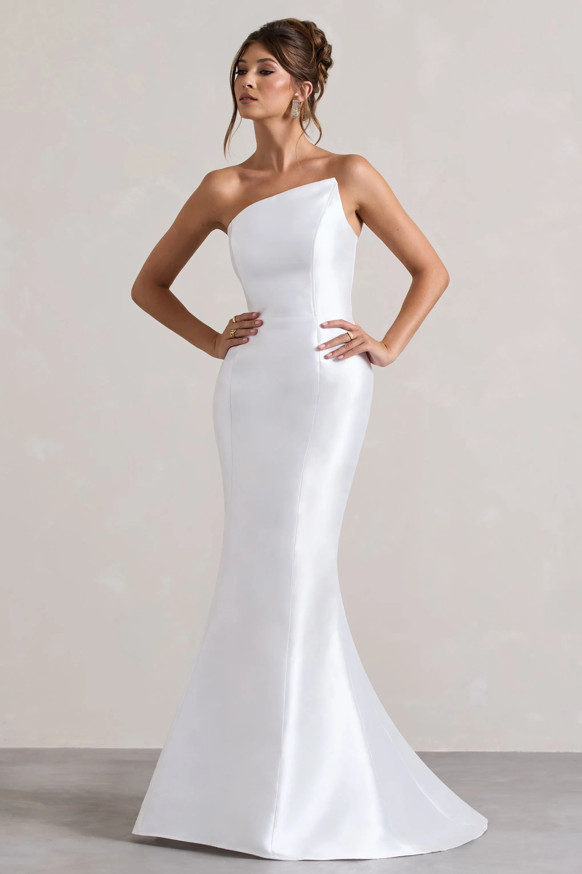 Define | White Satin Asymmetric Fishtail Maxi Dress Club L London