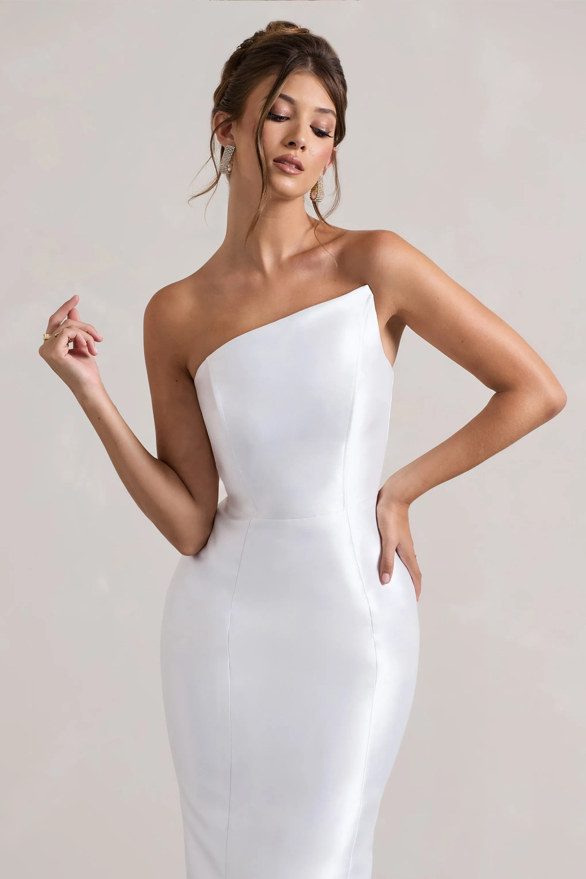 Define | White Satin Asymmetric Fishtail Maxi Dress Club L London