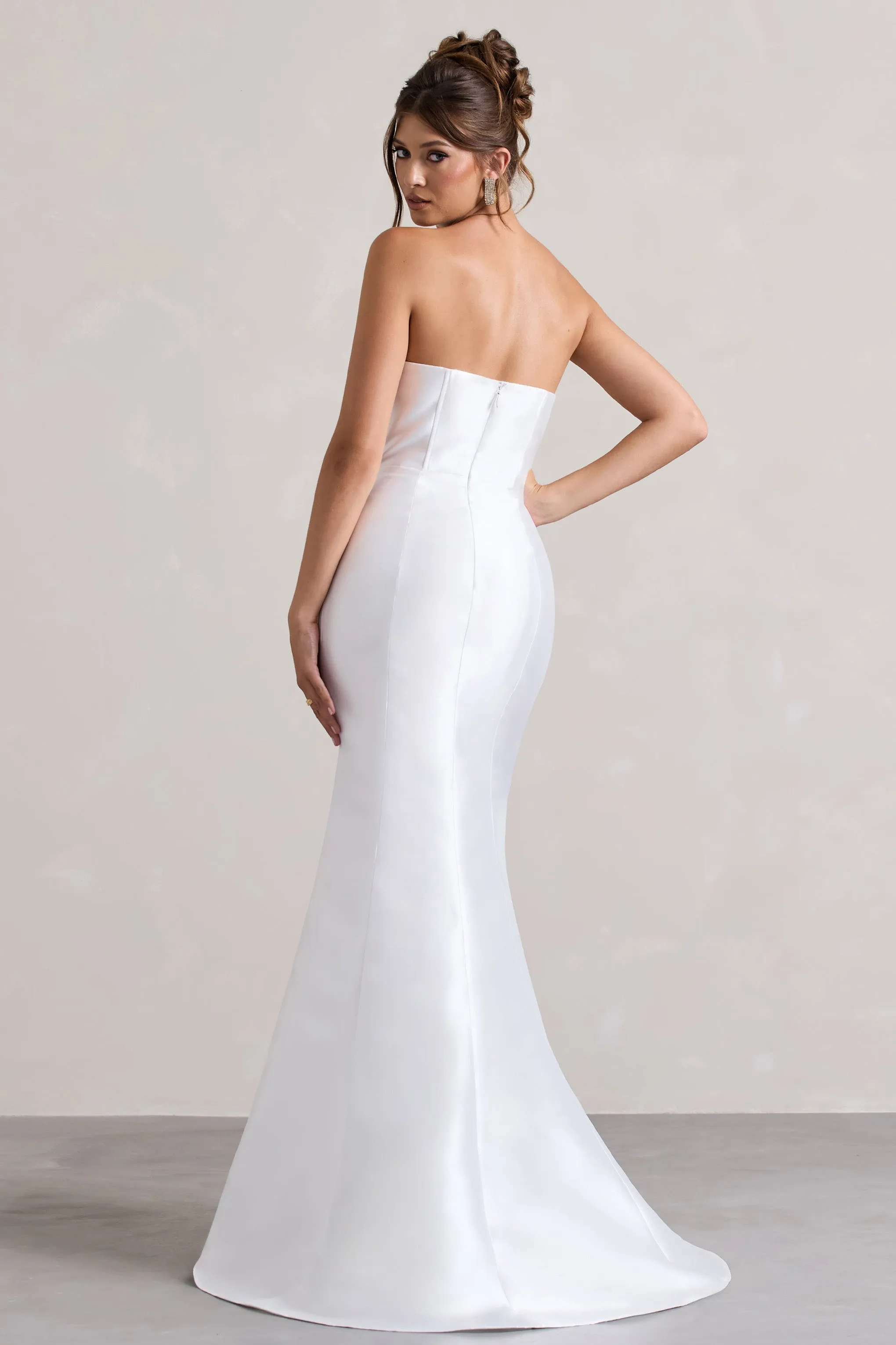 Define | White Satin Asymmetric Fishtail Maxi Dress Club L London