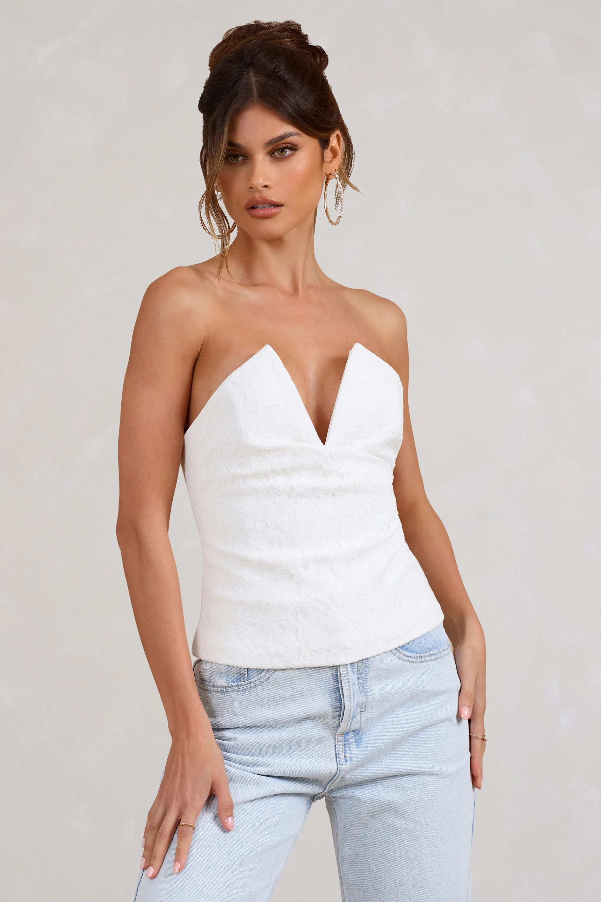 Delicacy | White Lace V-Neck Bandeau Corset Top Club L London