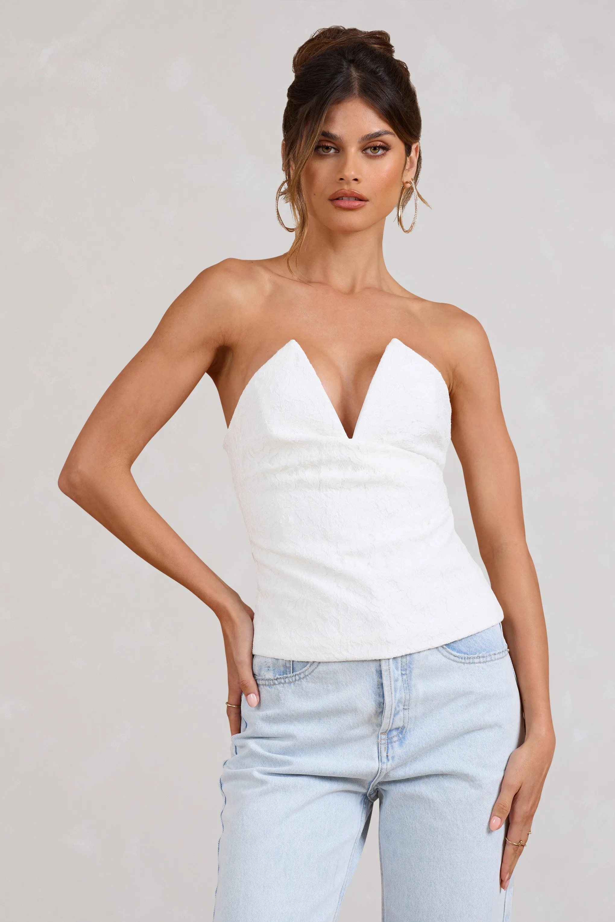 Delicacy | White Lace V-Neck Bandeau Corset Top Club L London