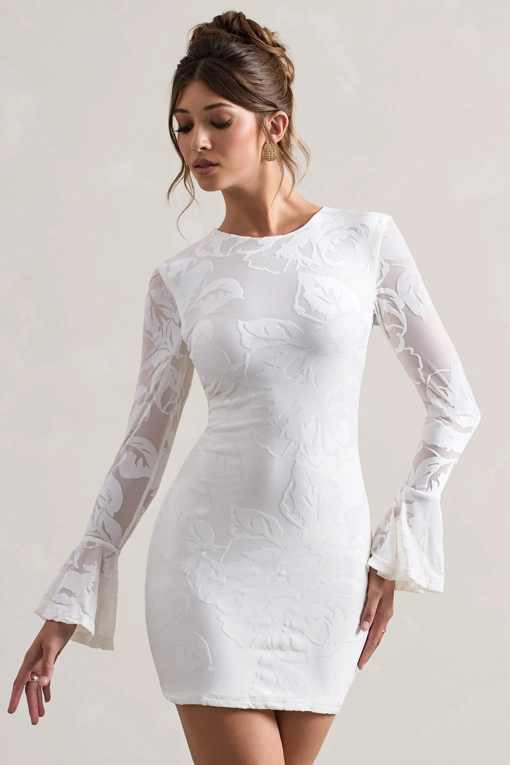Della | White Bodycon Flared-Sleeve Micro Mini Dress Club L London