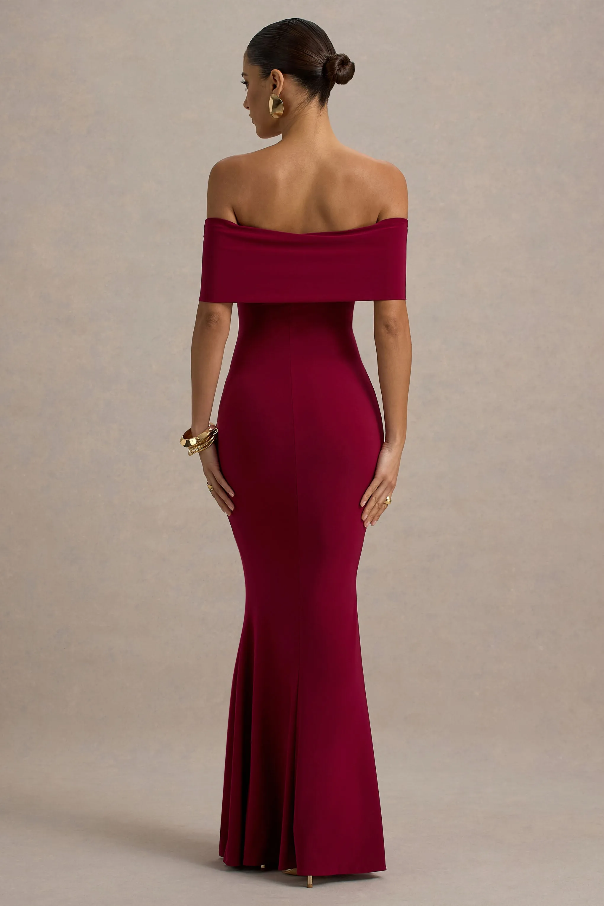 Delma | Burgundy Bardot Maxi Dress With Drape Detail Club L London