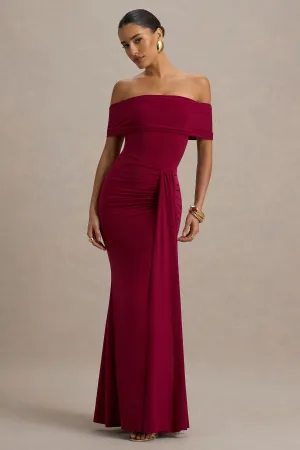 Delma | Burgundy Bardot Maxi Dress With Drape Detail Club L London