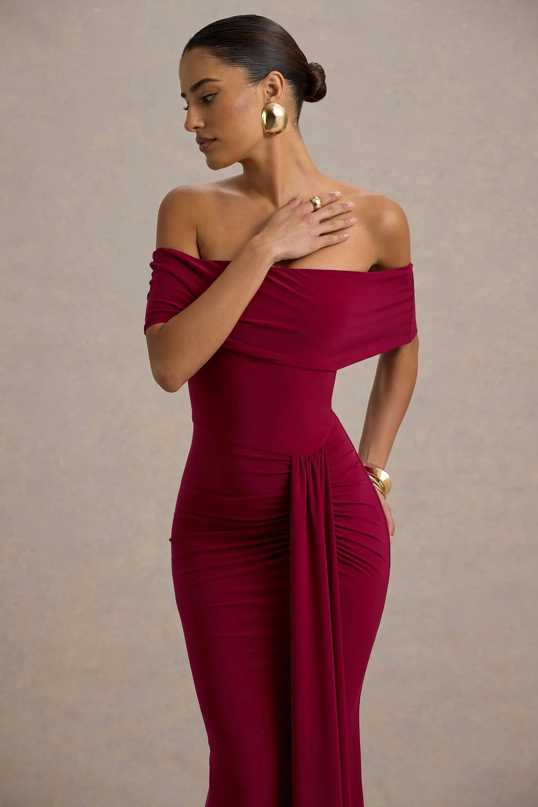 Delma | Burgundy Bardot Maxi Dress With Drape Detail Club L London