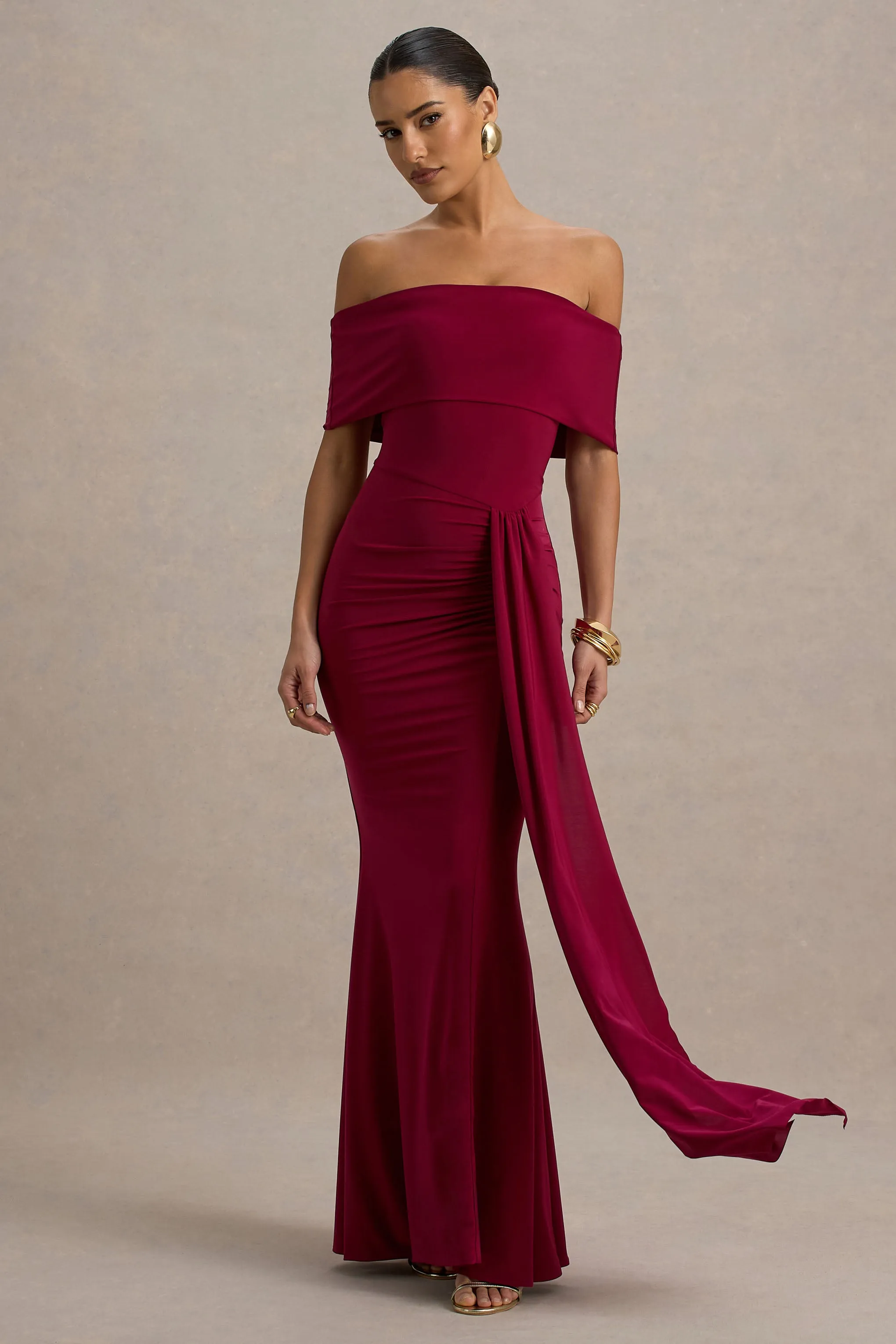 Delma | Burgundy Bardot Maxi Dress With Drape Detail Club L London