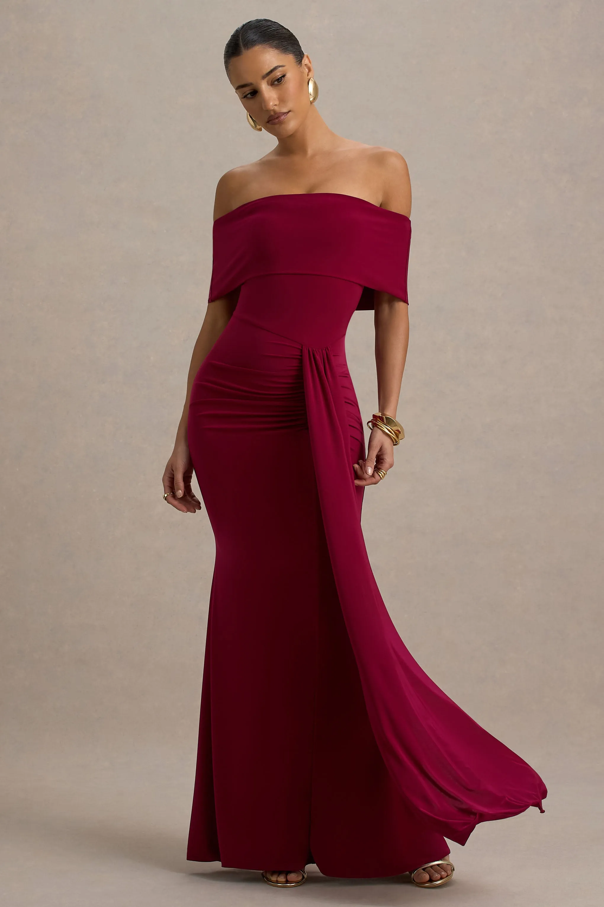 Delma | Burgundy Bardot Maxi Dress With Drape Detail Club L London