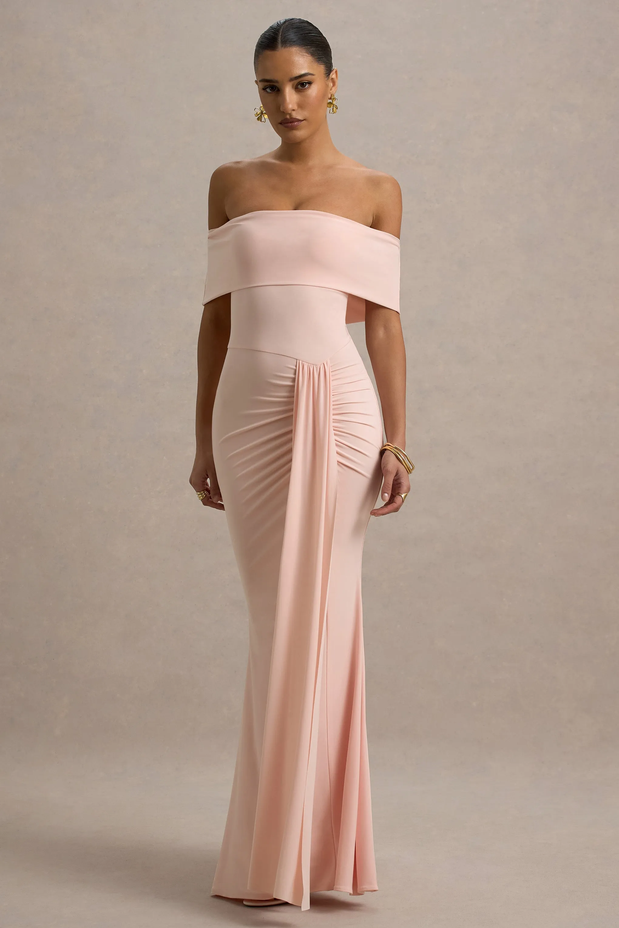 Delma | Pink Bardot Maxi Dress With Drape Detail Club L London