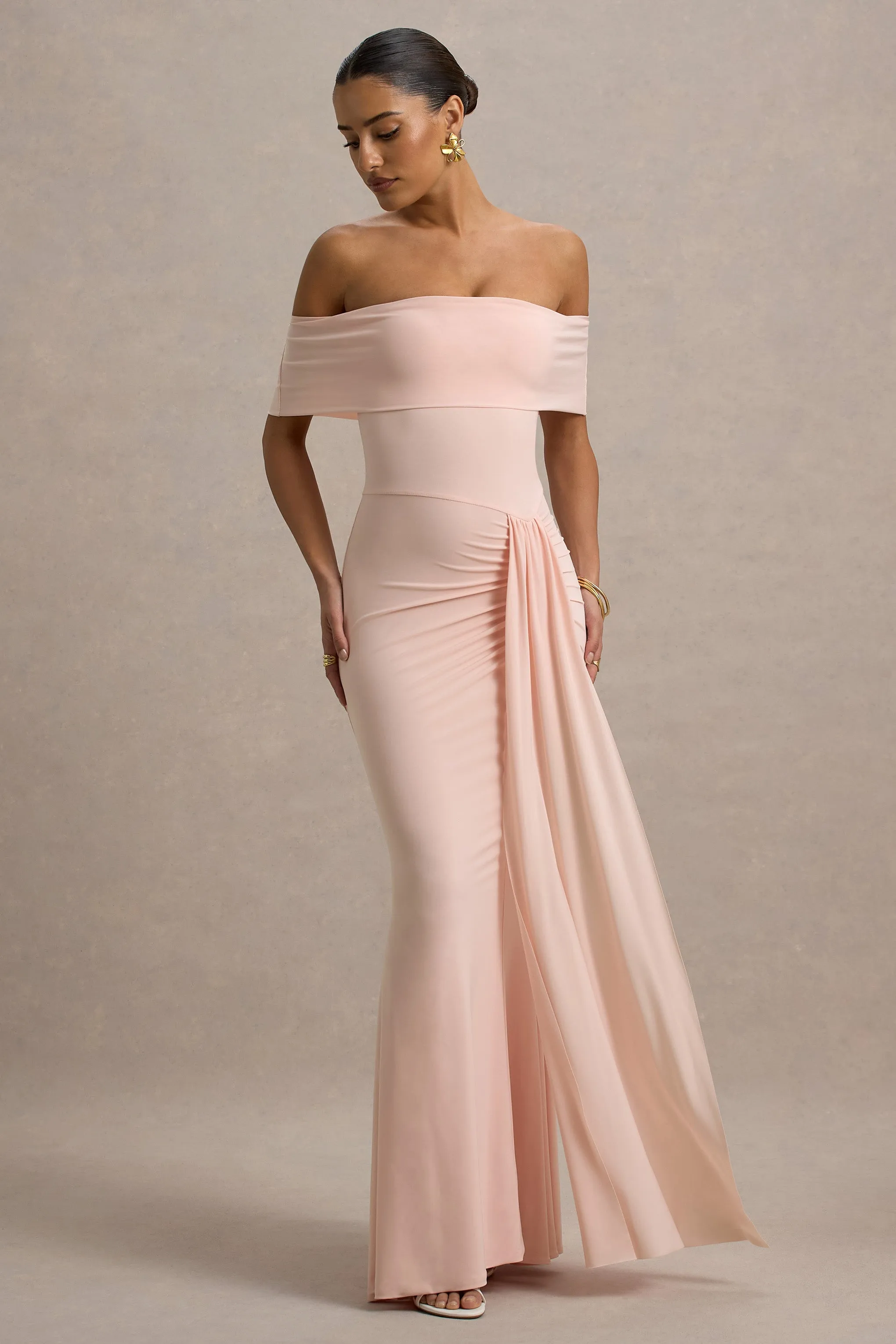 Delma | Pink Bardot Maxi Dress With Drape Detail Club L London
