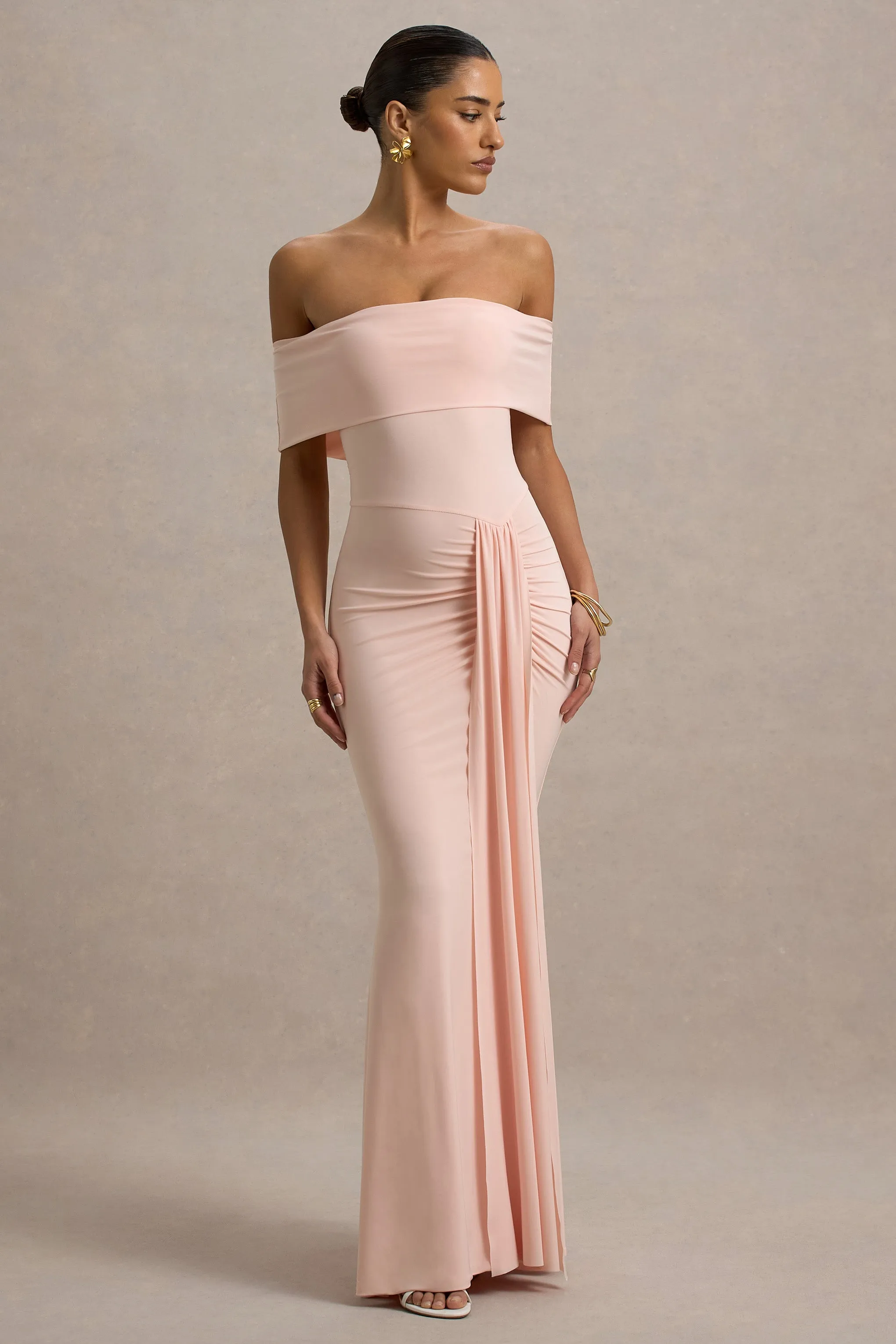 Delma | Pink Bardot Maxi Dress With Drape Detail Club L London