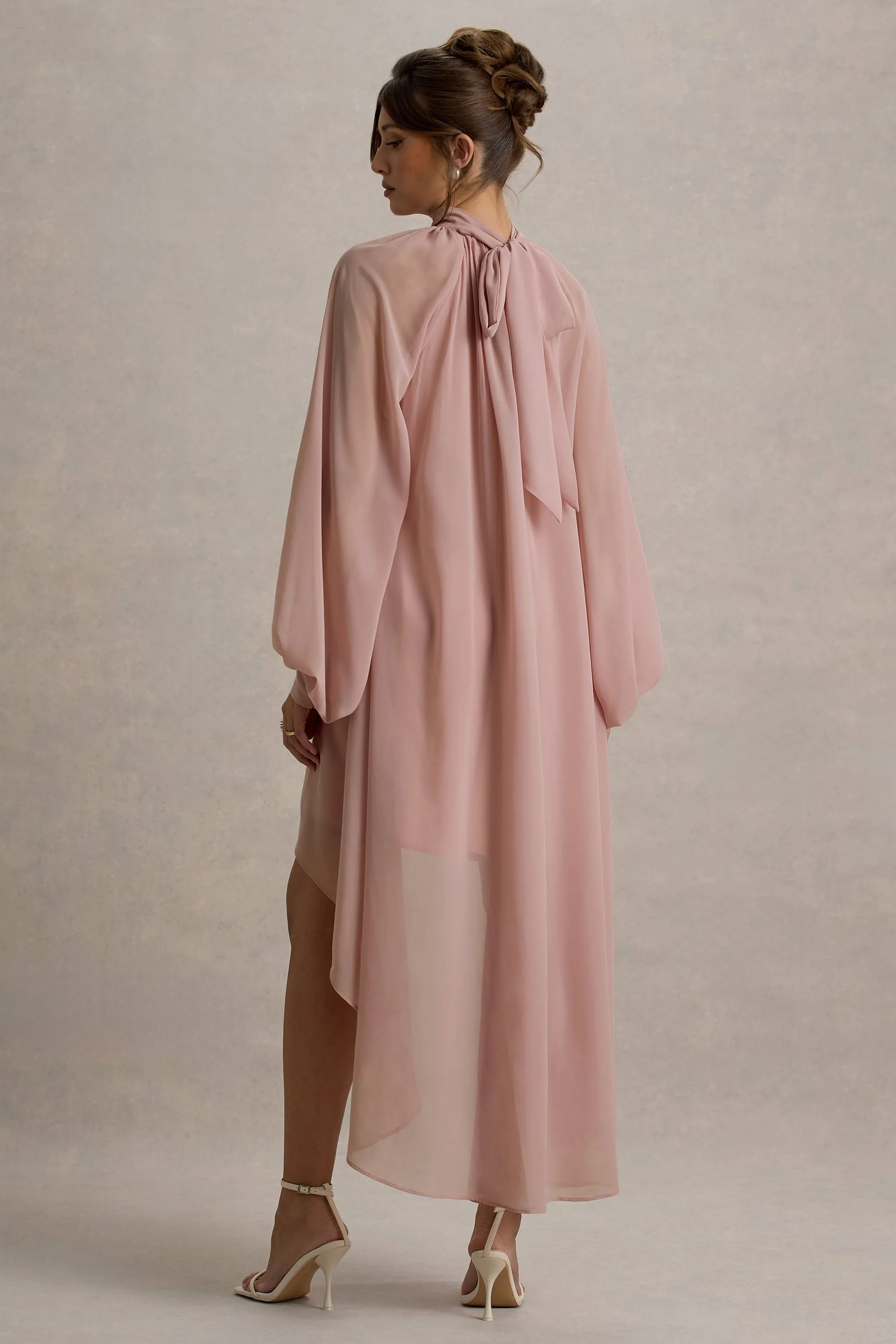 Delphia | Pale Pink High-Neck Maxi Dress With High-Low Hem Club L London
