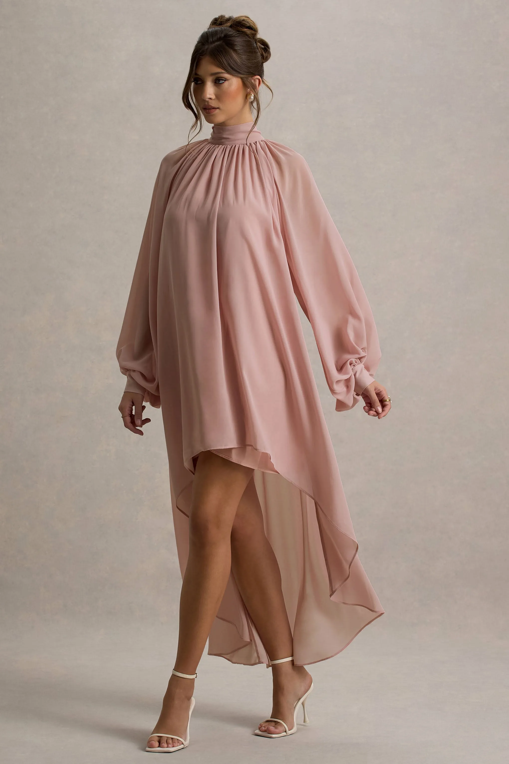 Delphia | Pale Pink High-Neck Maxi Dress With High-Low Hem Club L London