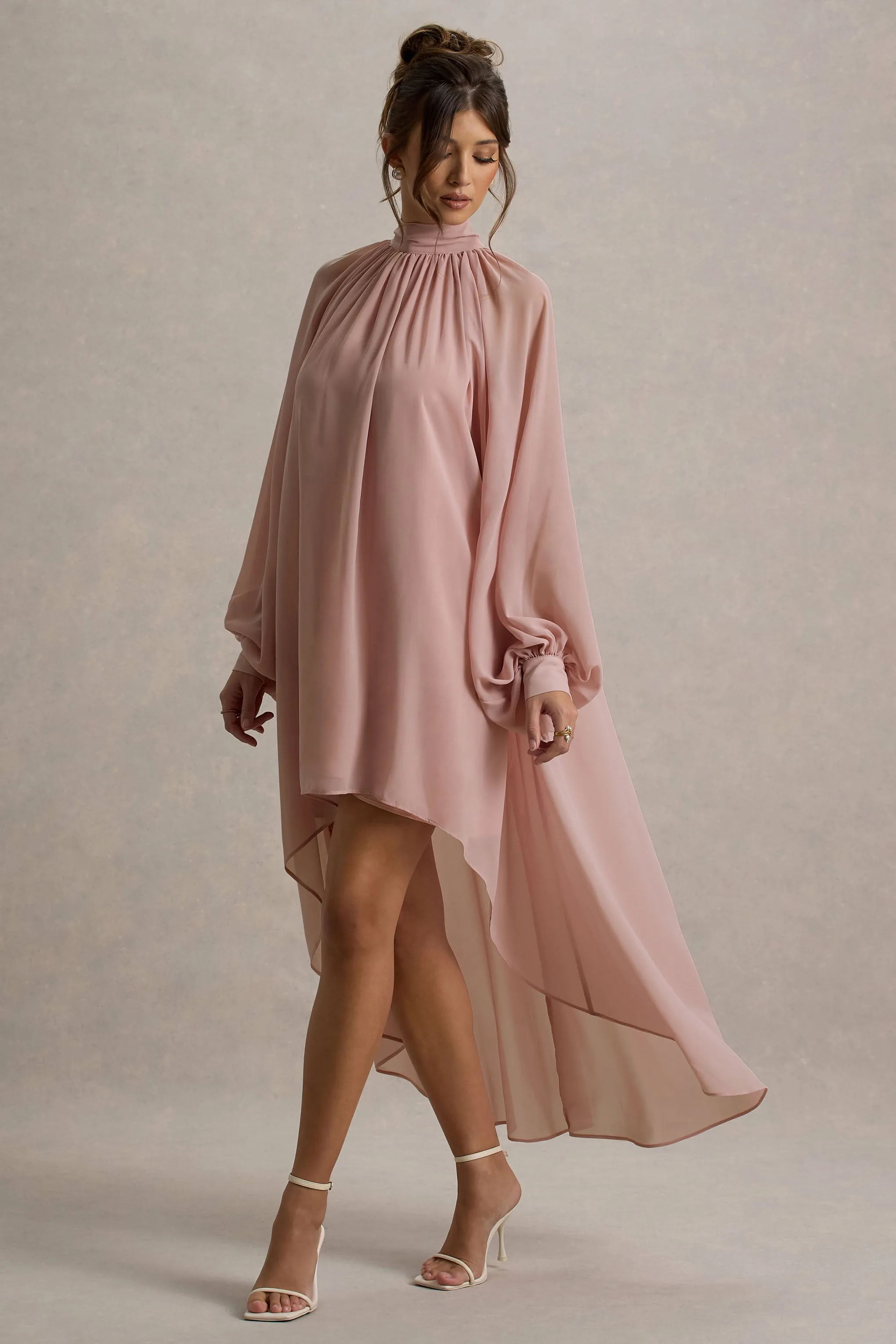 Delphia | Pale Pink High-Neck Maxi Dress With High-Low Hem Club L London