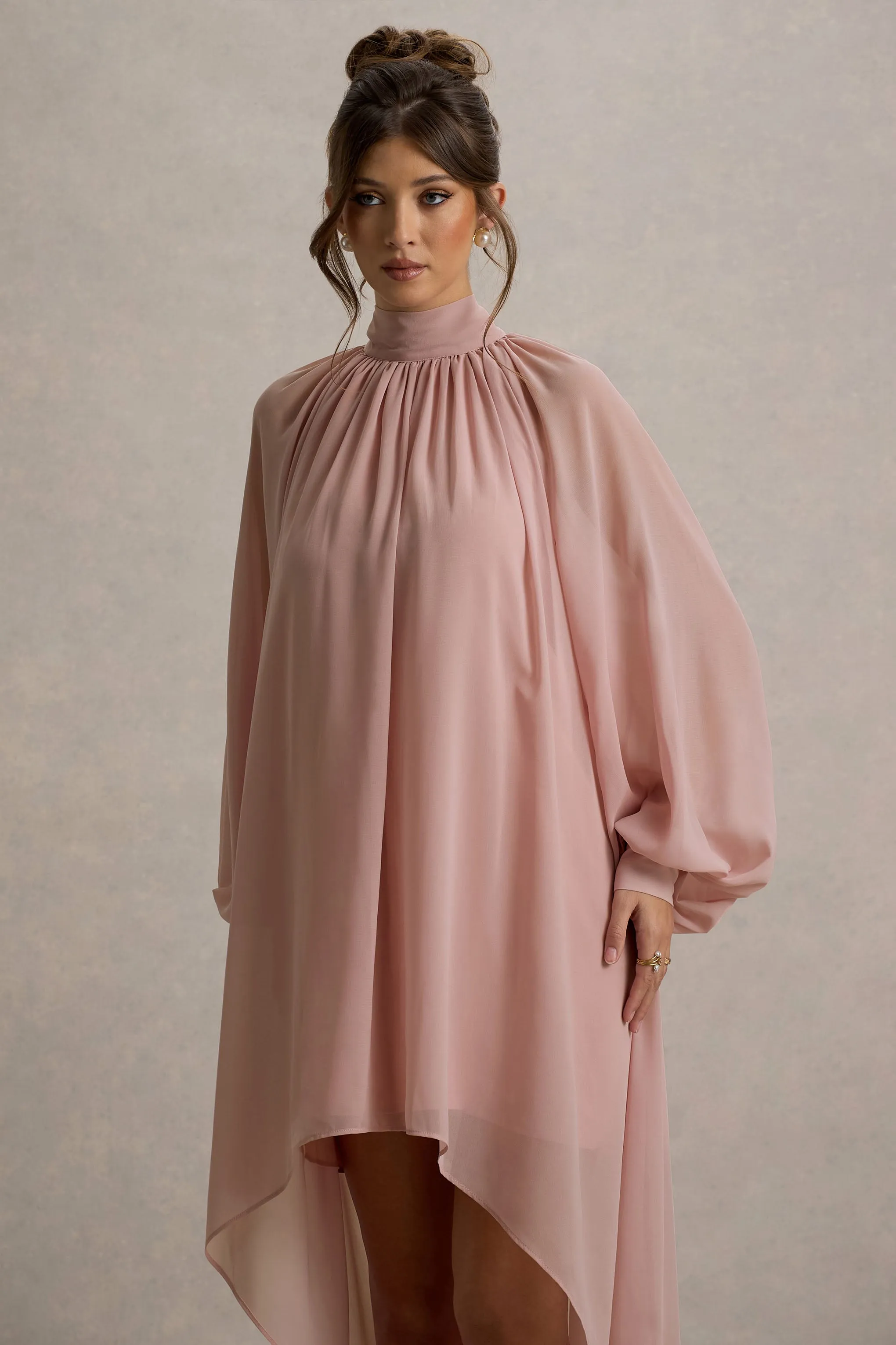 Delphia | Pale Pink High-Neck Maxi Dress With High-Low Hem Club L London