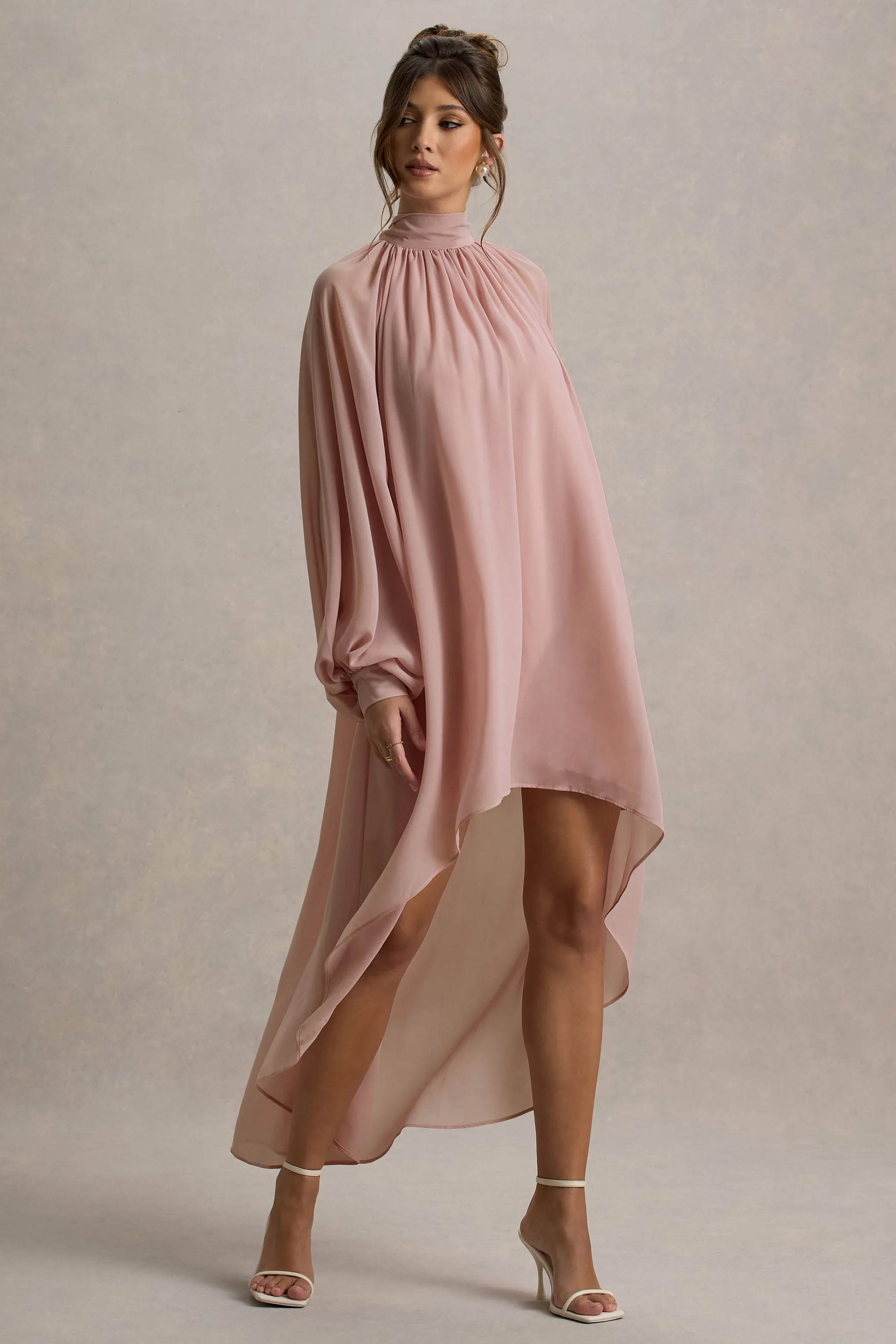 Delphia | Pale Pink High-Neck Maxi Dress With High-Low Hem Club L London