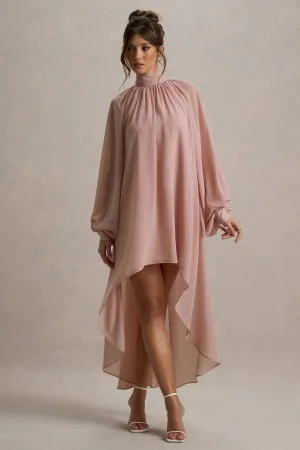 Delphia | Pale Pink High-Neck Maxi Dress With High-Low Hem Club L London