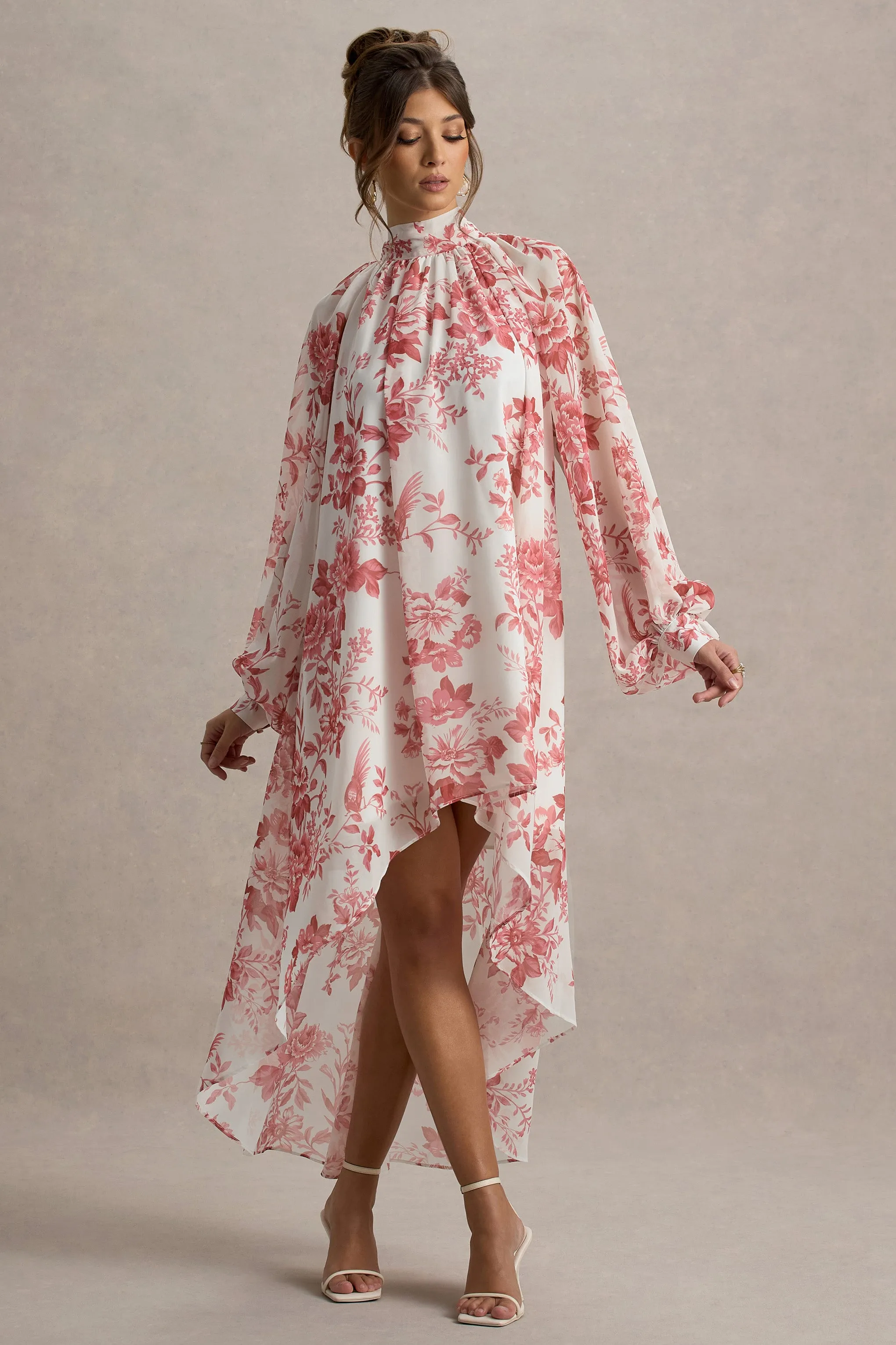 Delphia | Pink Porcelain Print High-Neck Maxi Dress With High-Low Hem Club L London