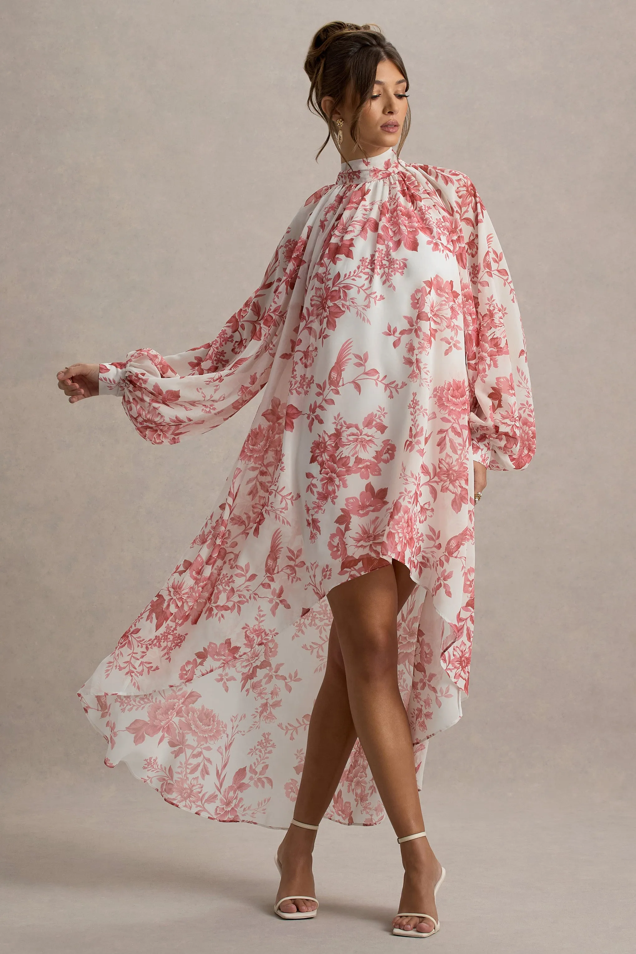 Delphia | Pink Porcelain Print High-Neck Maxi Dress With High-Low Hem Club L London